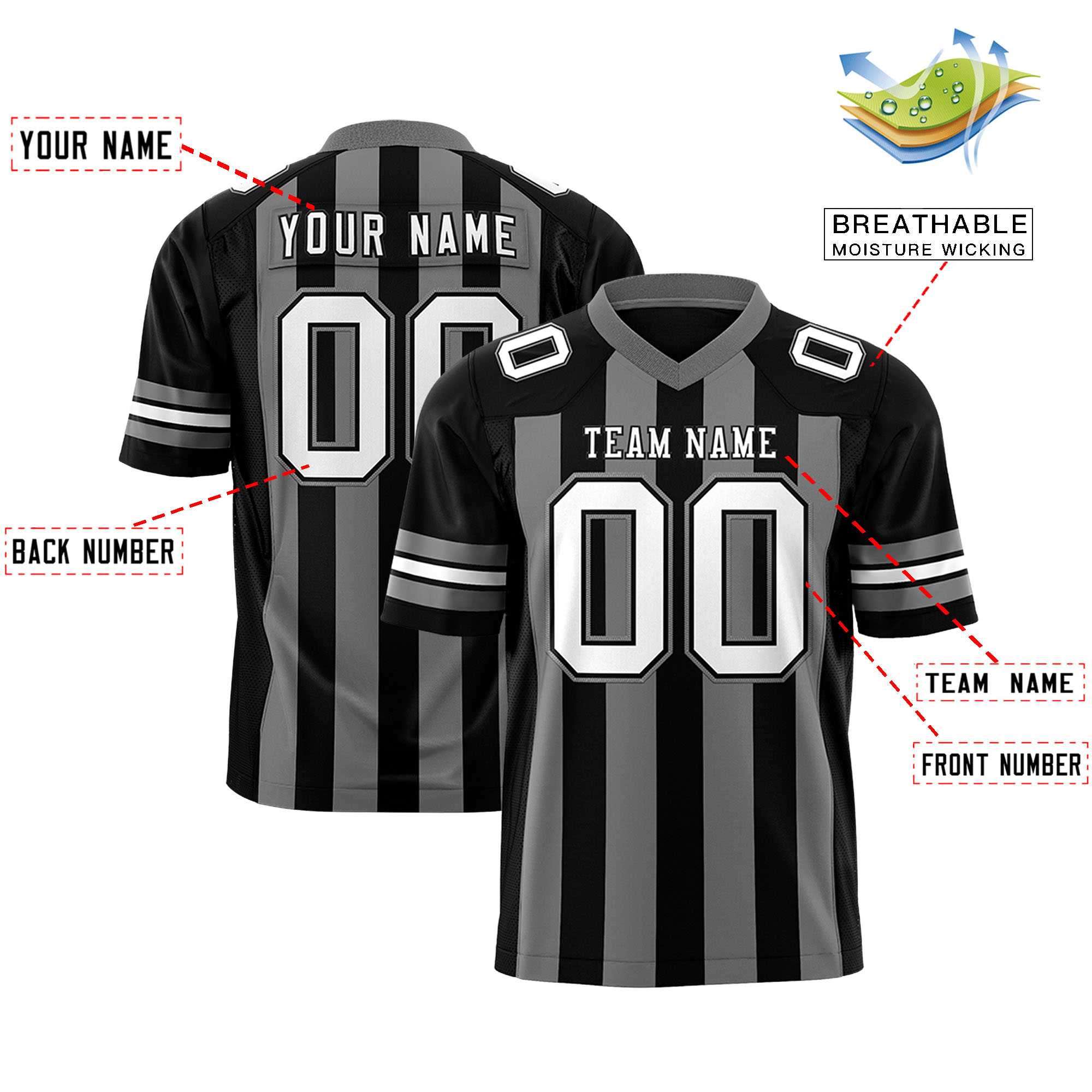 Custom Black Dark Gray Personalized Thick Stripe Design Authentic Football Jersey