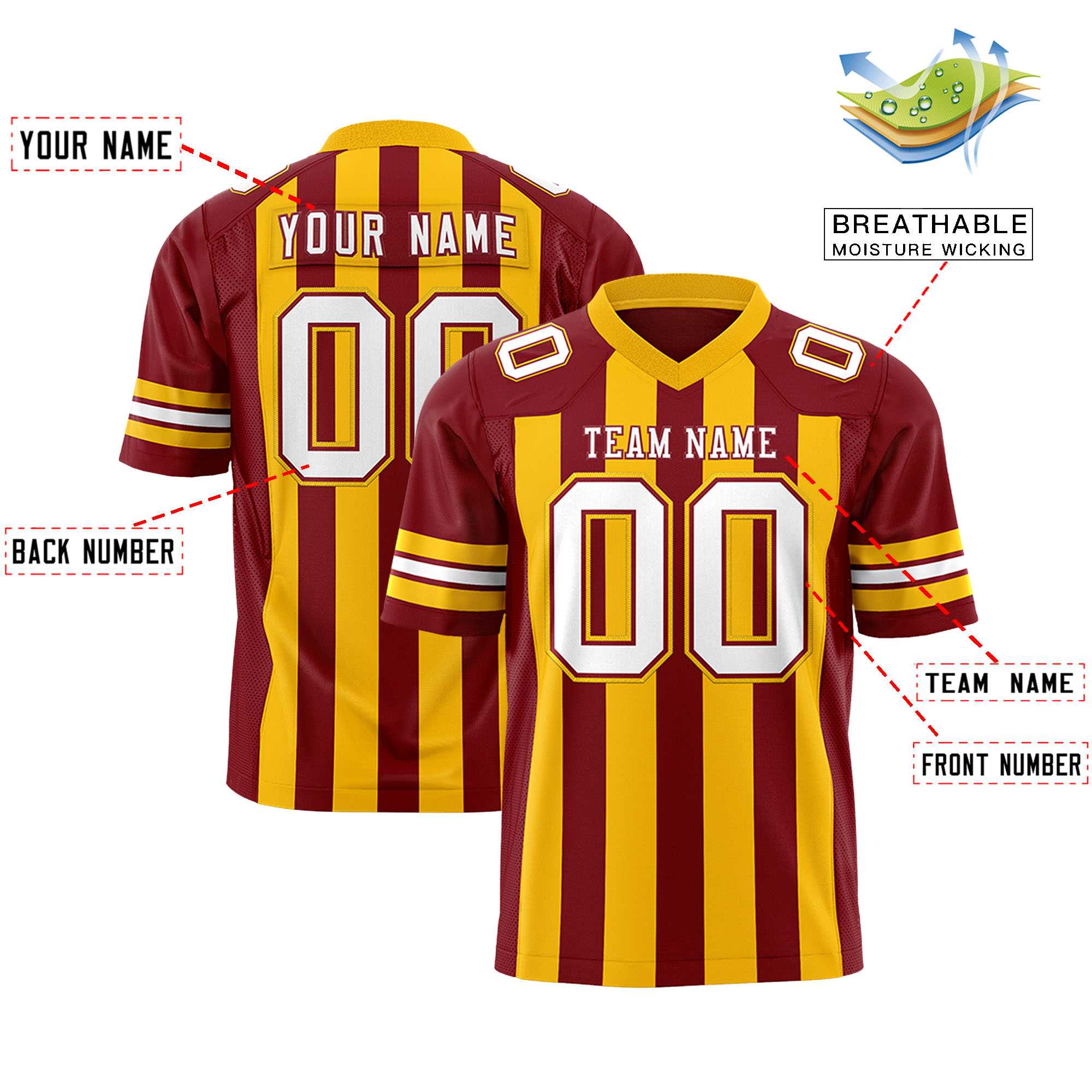 Custom Crimson Yellow Personalized Thick Stripe Design Authentic Football Jersey