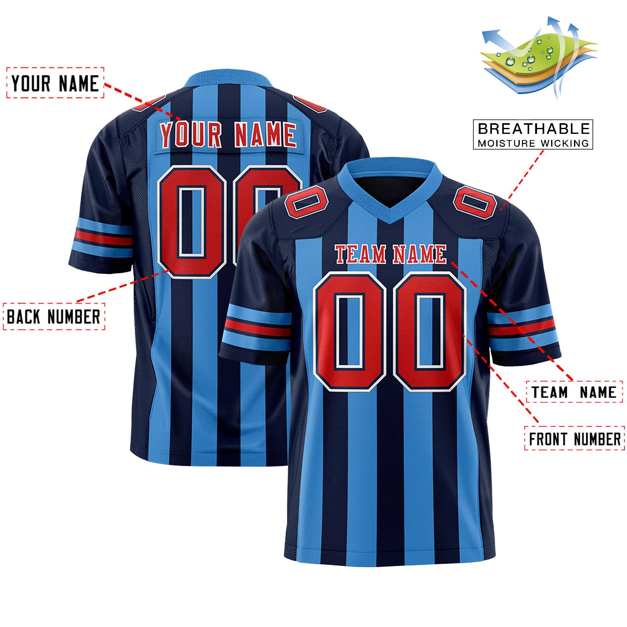 Custom Navy Powder Blue Personalized Thick Stripe Design Authentic Football Jersey