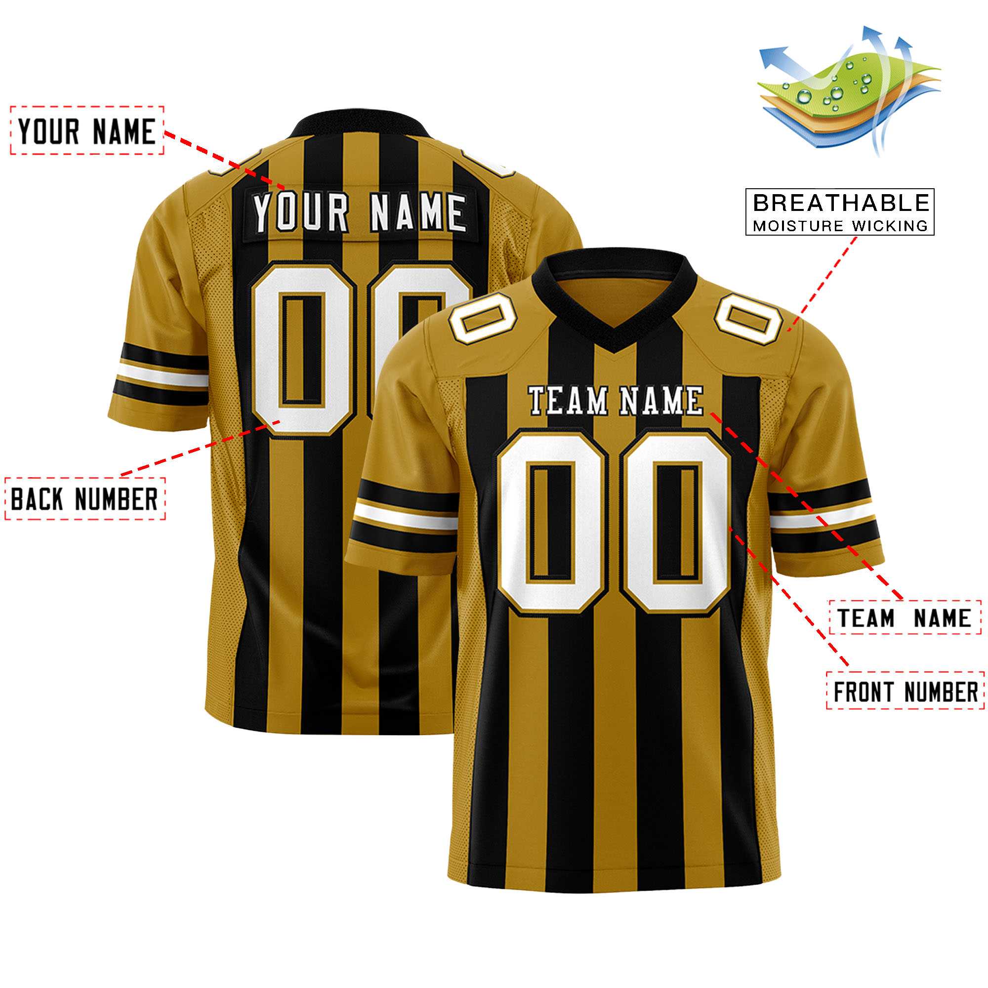 Custom Old Gold Black Personalized Thick Stripe Design Authentic Football Jersey