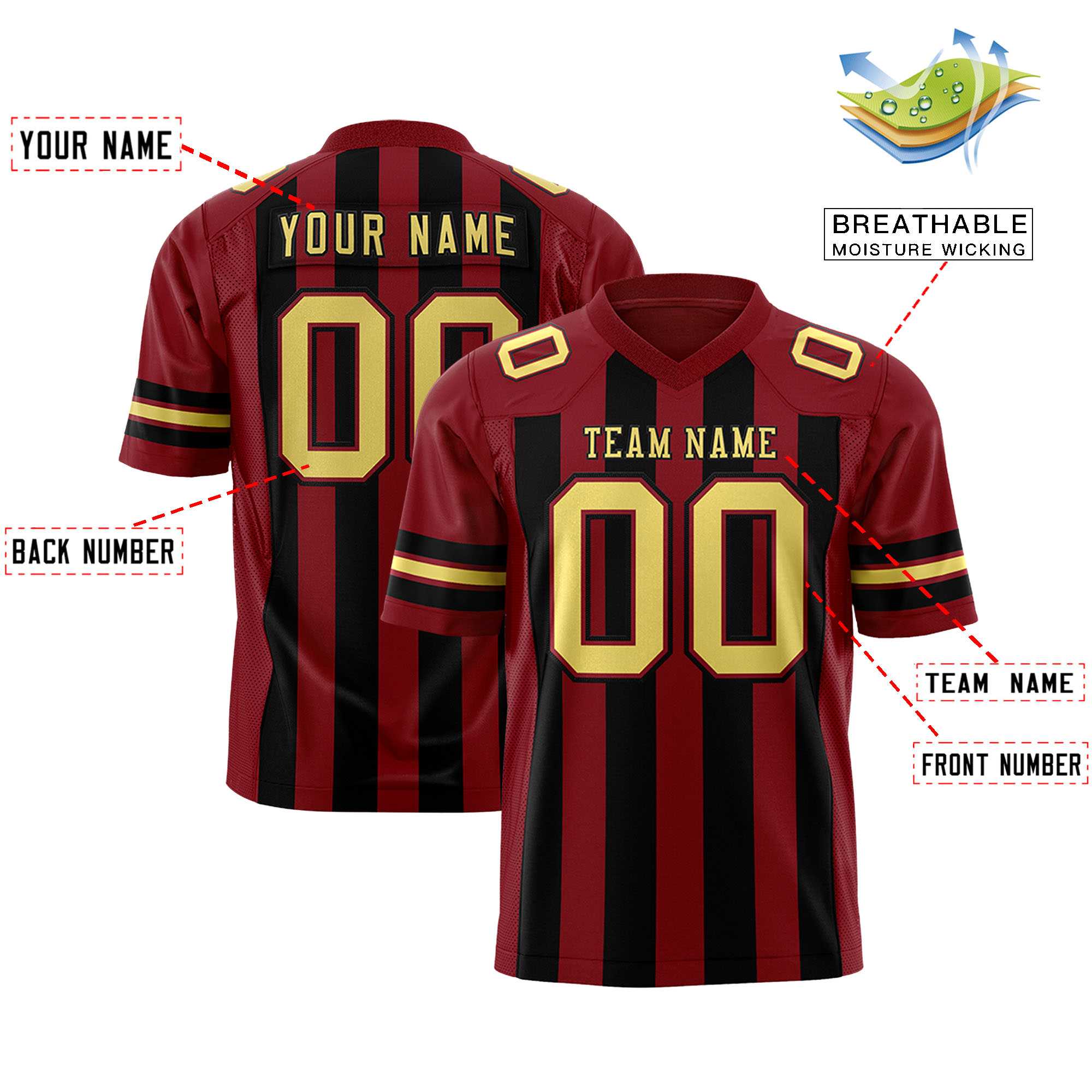 Custom Crimson Black Personalized Thick Stripe Design Authentic Football Jersey