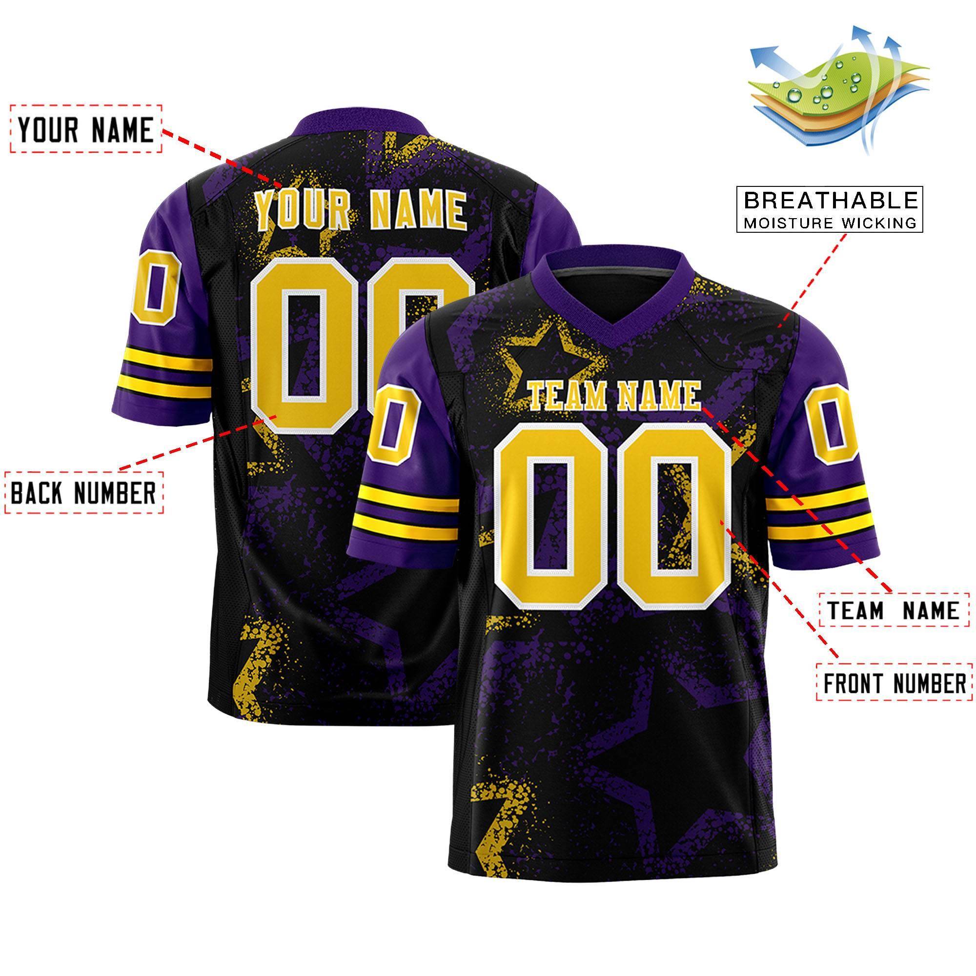 Custom Black Purple-Gold Personalized Star Pattern Design Authentic Football Jersey