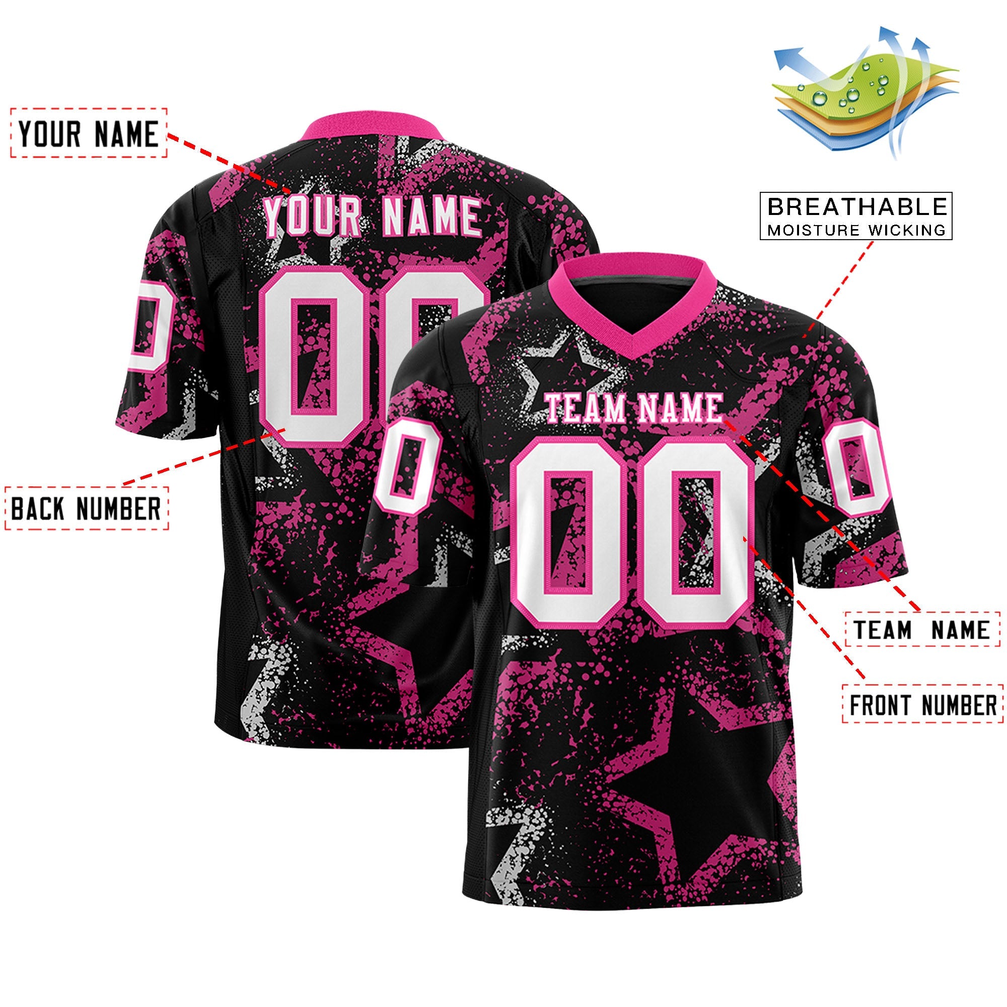 Custom Black Pink-White Personalized Star Graffiti Pattern Authentic Football Jersey