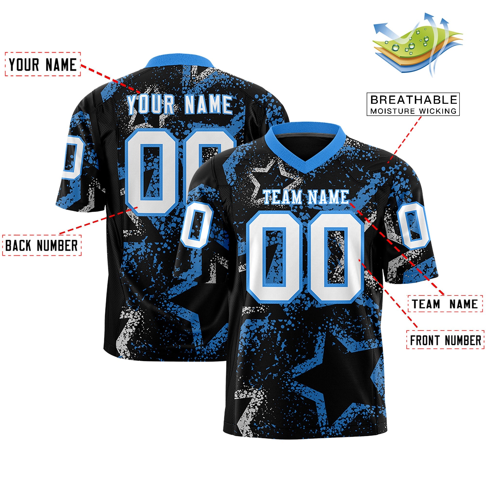 Custom Black Powder Blue-White Personalized Star Graffiti Pattern Authentic Football Jersey