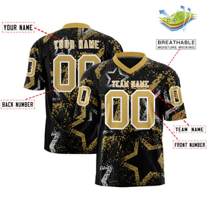 Custom Black Old Gold-White Personalized Star Graffiti Pattern Authentic Football Jersey