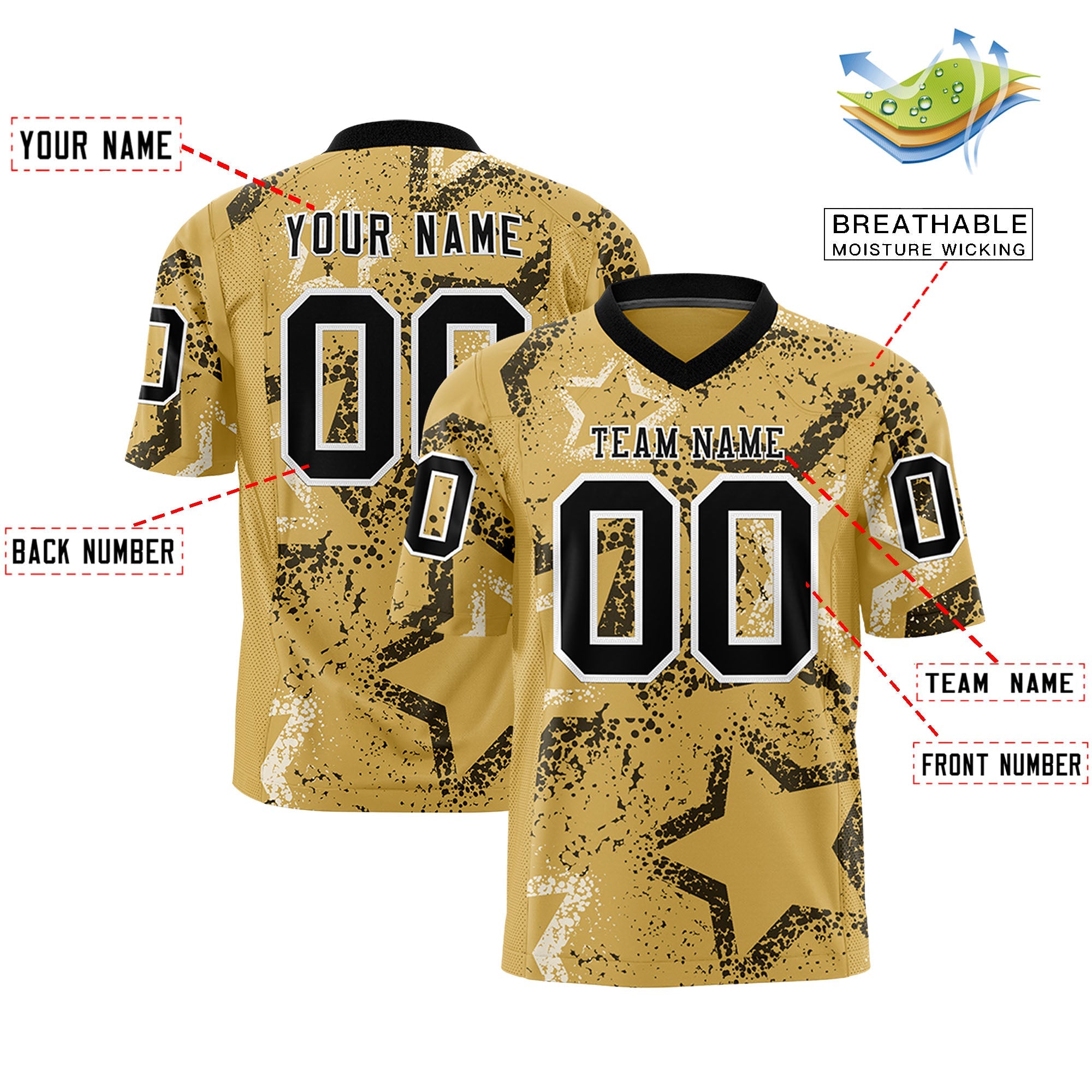 Custom Old Gold Black-White Personalized Star Graffiti Pattern Authentic Football Jersey