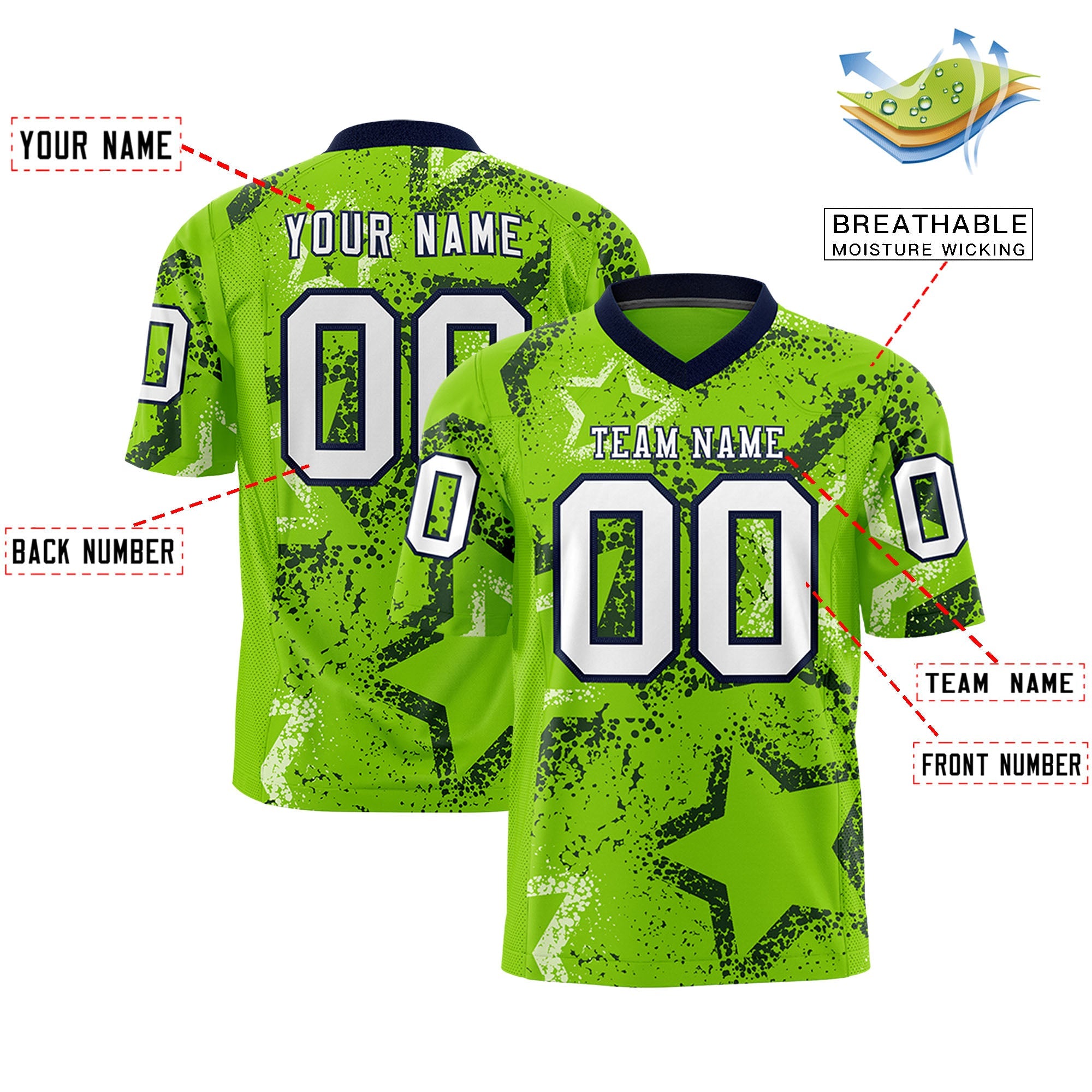 Custom Neon Green Navy-White Personalized Star Graffiti Pattern Authentic Football Jersey