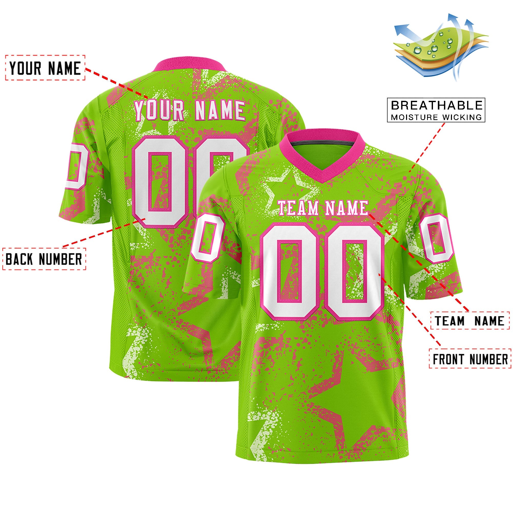 Custom Neon Green Pink-White Personalized Star Graffiti Pattern Authentic Football Jersey