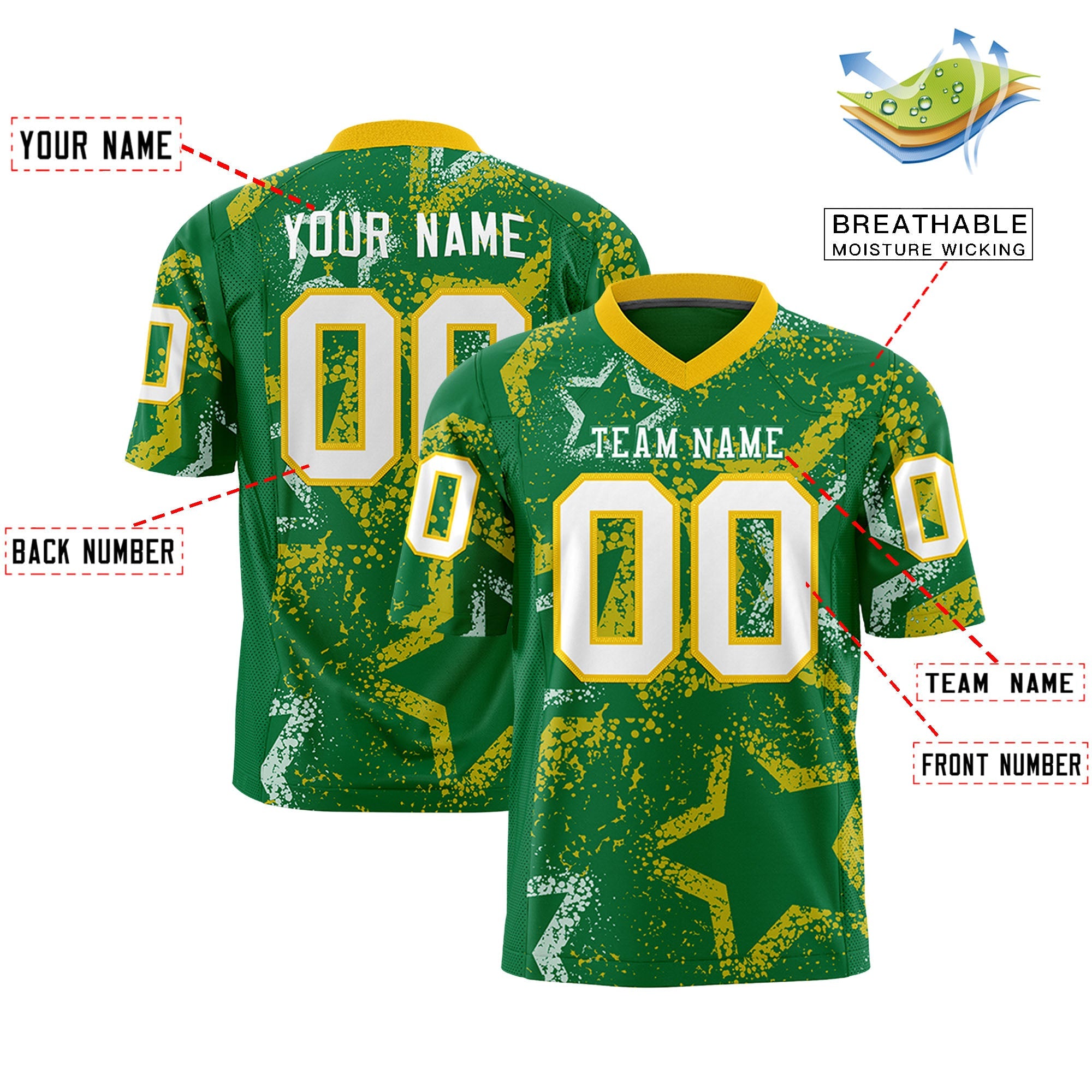 Custom Kelly Green Gold-White Personalized Star Graffiti Pattern Authentic Football Jersey