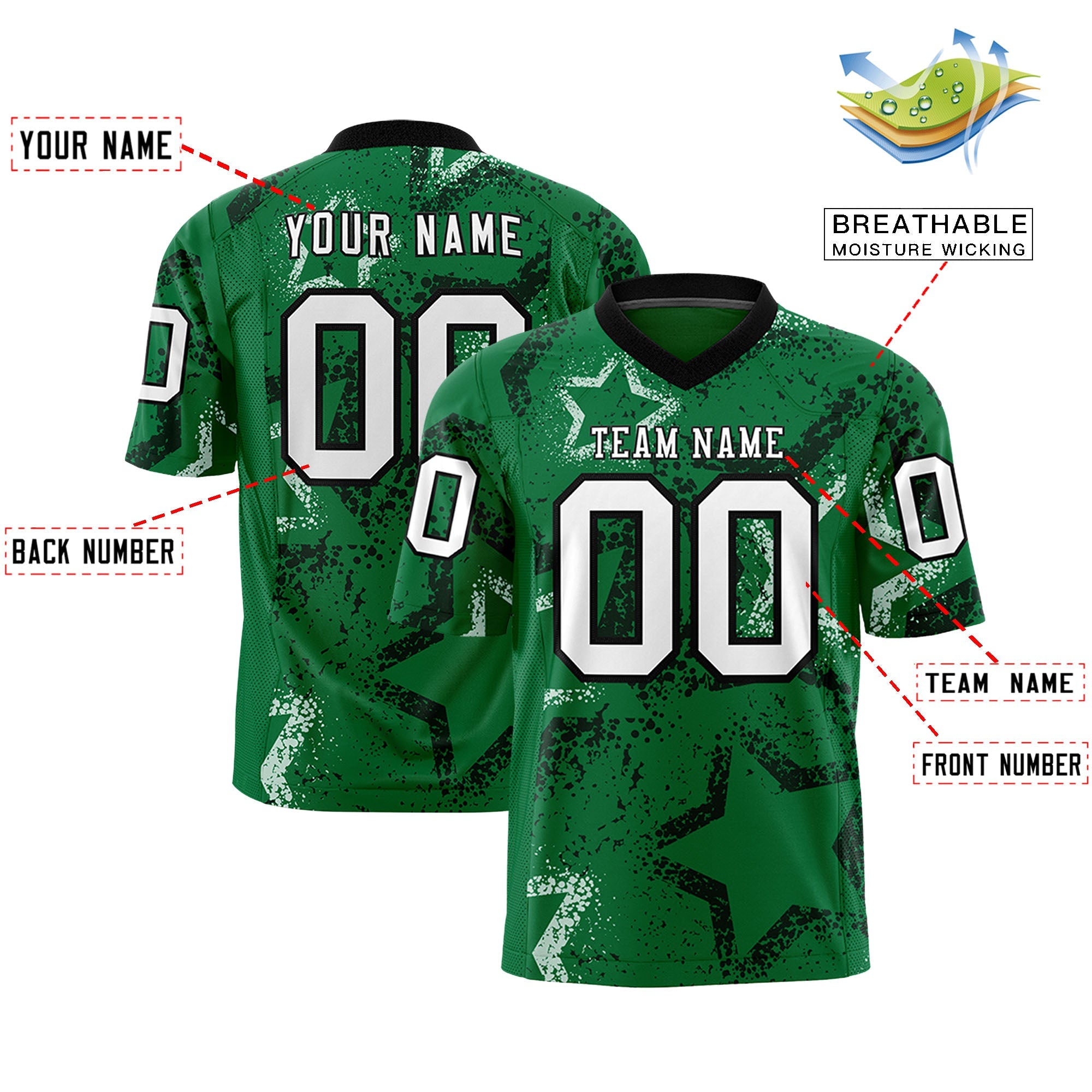 Custom Kelly Green Black-White Personalized Star Graffiti Pattern Authentic Football Jersey