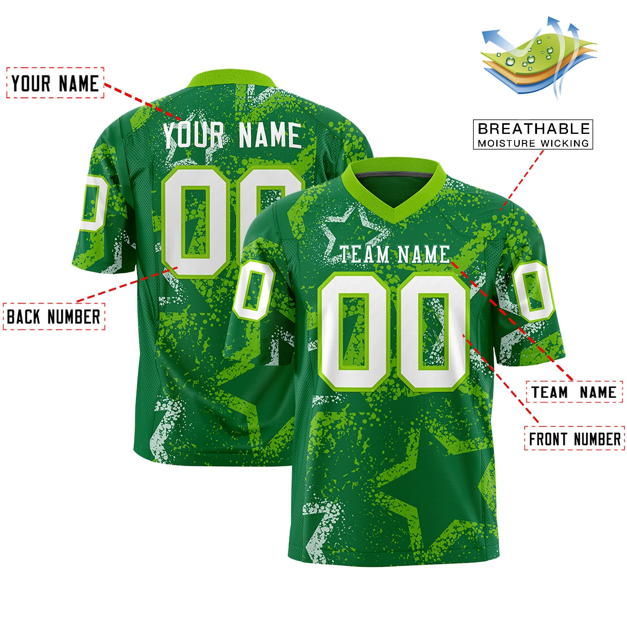 Custom Kelly Green Neon Green-White Personalized Star Graffiti Pattern Authentic Football Jersey