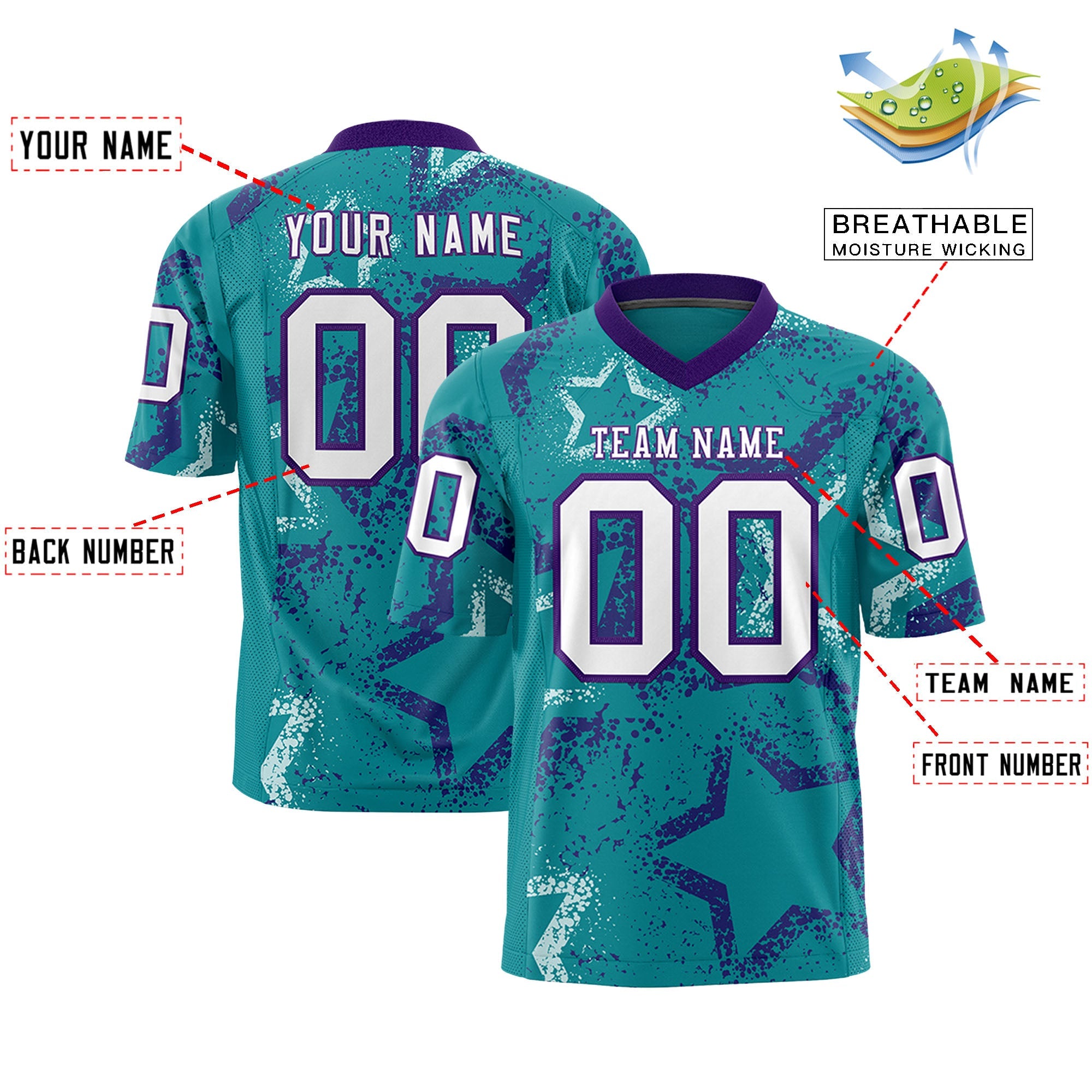 Custom Aqua Purple-White Personalized Star Graffiti Pattern Authentic Football Jersey