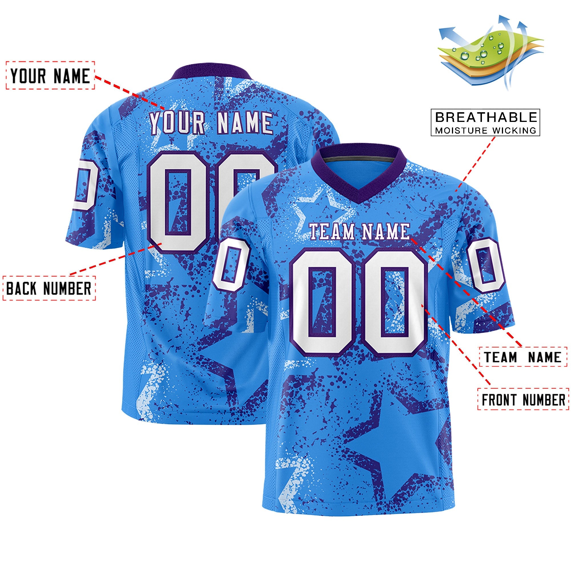 Custom Powder Blue Purple-White Personalized Star Graffiti Pattern Authentic Football Jersey