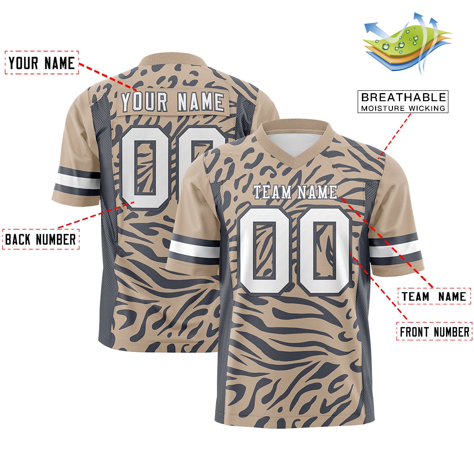 Custom Light Brown Dark Gray Personalized Zebra Stripes Pattern Authentic Football Jersey