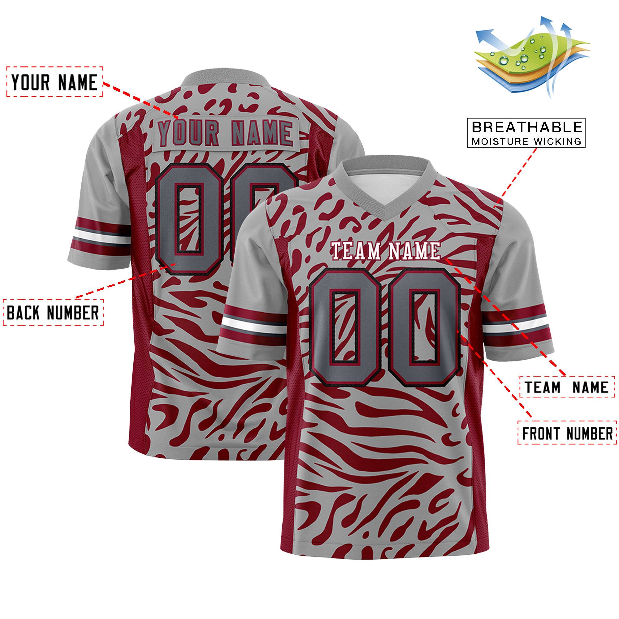 Custom Gray Crimson Personalized Zebra Stripes Pattern Authentic Football Jersey