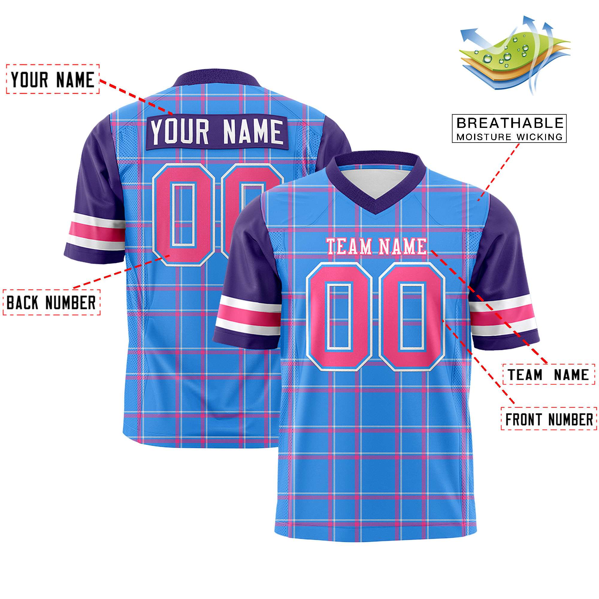 Custom Powder Blue Personalized Plaid Pattern Design Authentic Football Jersey