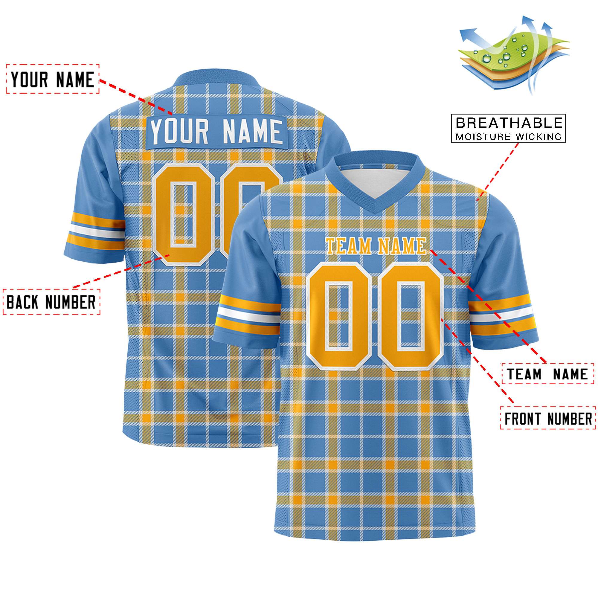 Custom Light Blue Yellow Personalized Plaid Pattern Design Authentic Football Jersey