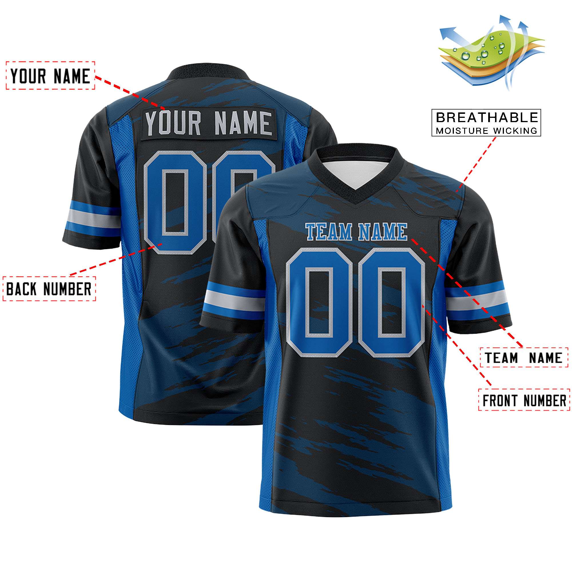 Custom Black Light Blue Personalized Scratch Pattern Design Authentic Football Jersey