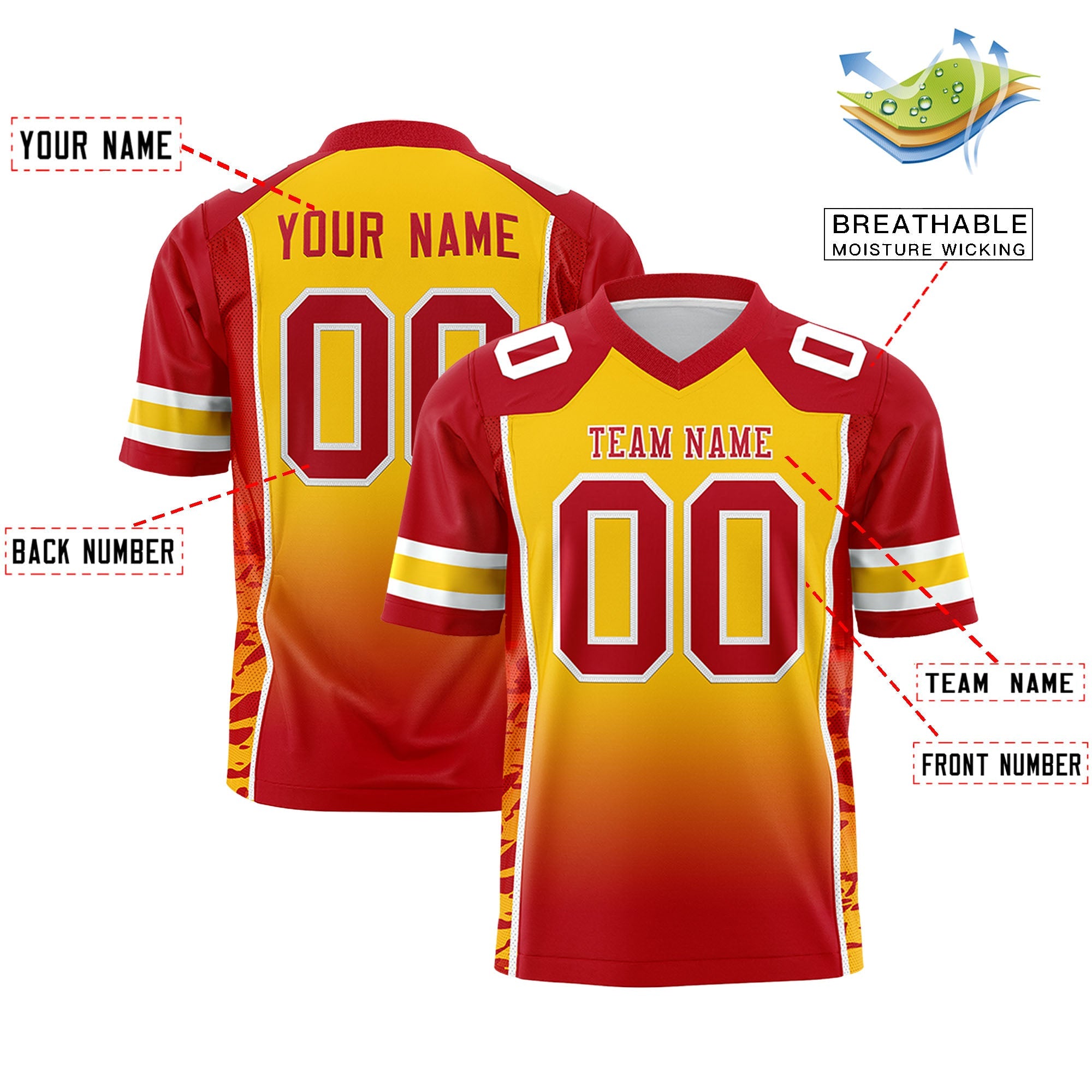 Custom Gold Red Gradient Personalized Side Pattern Authentic Football Jersey