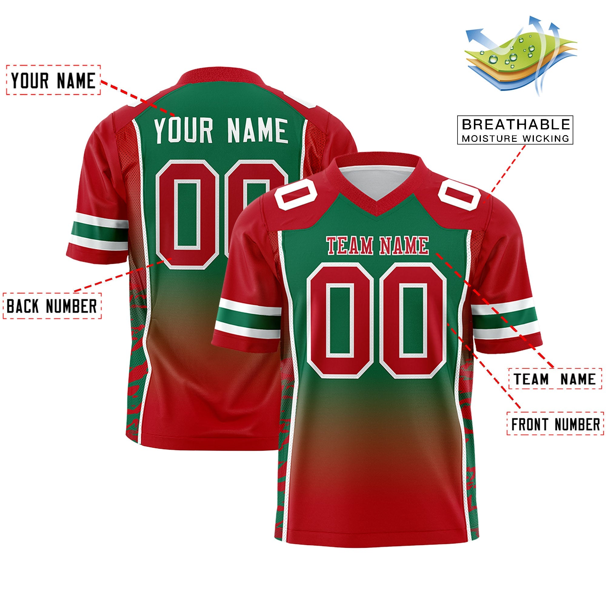 Custom Kelly Green Red Gradient Personalized Side Pattern Authentic Football Jersey