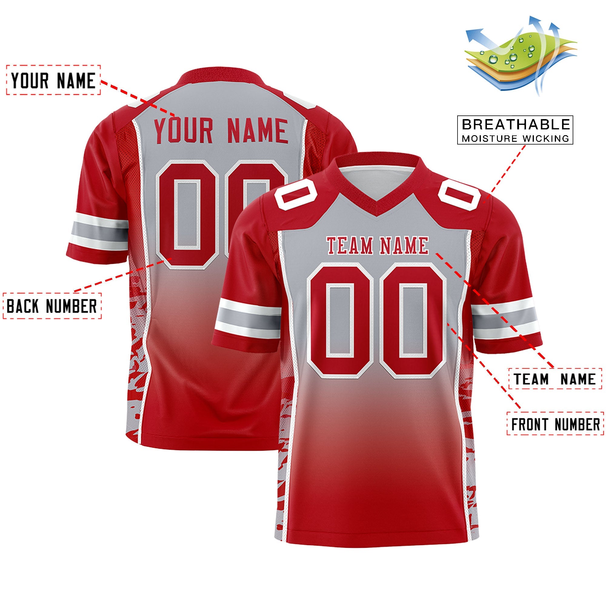 Custom Gray Red Gradient Personalized Side Pattern Authentic Football Jersey