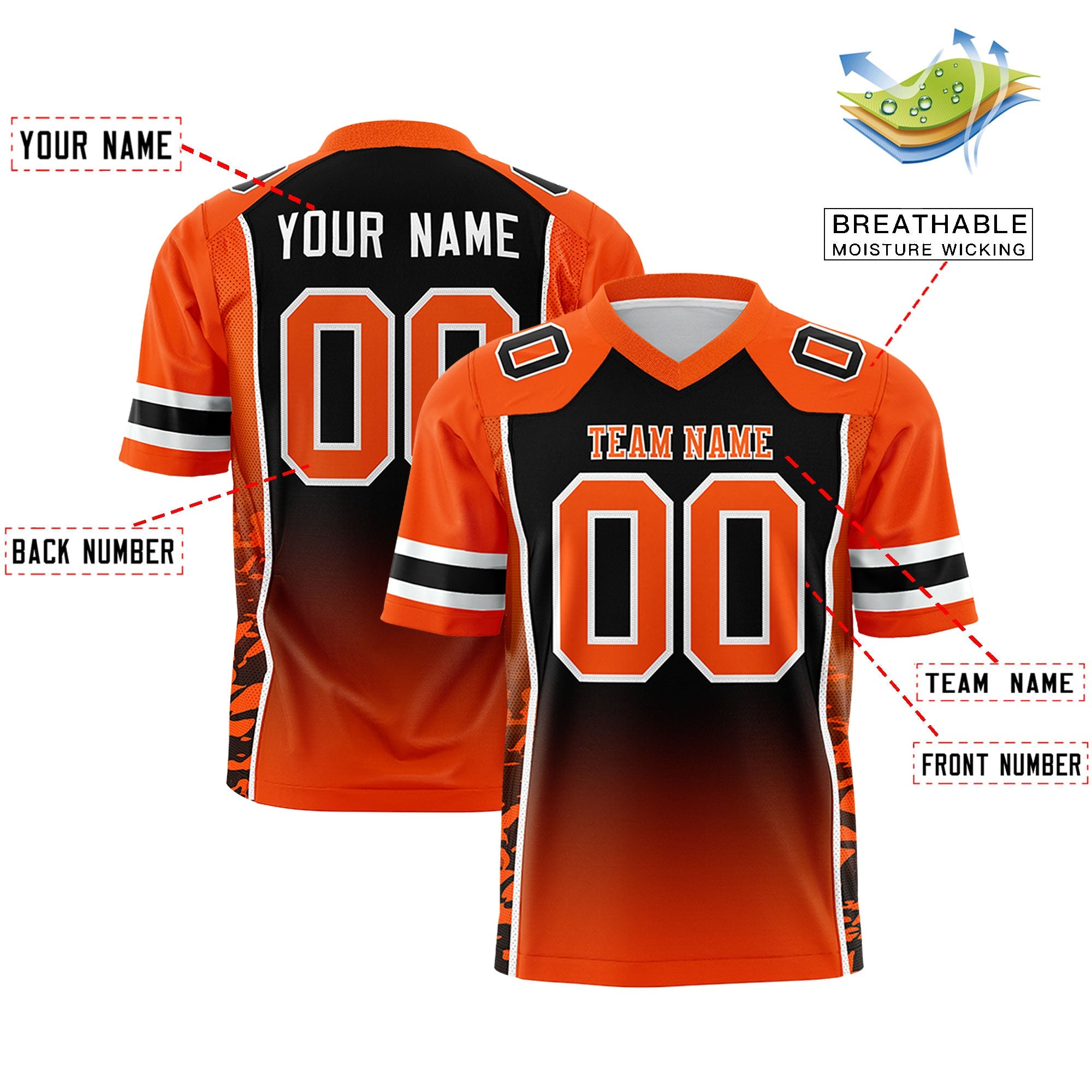 Custom Black Orange Gradient Personalized Side Pattern Authentic Football Jersey