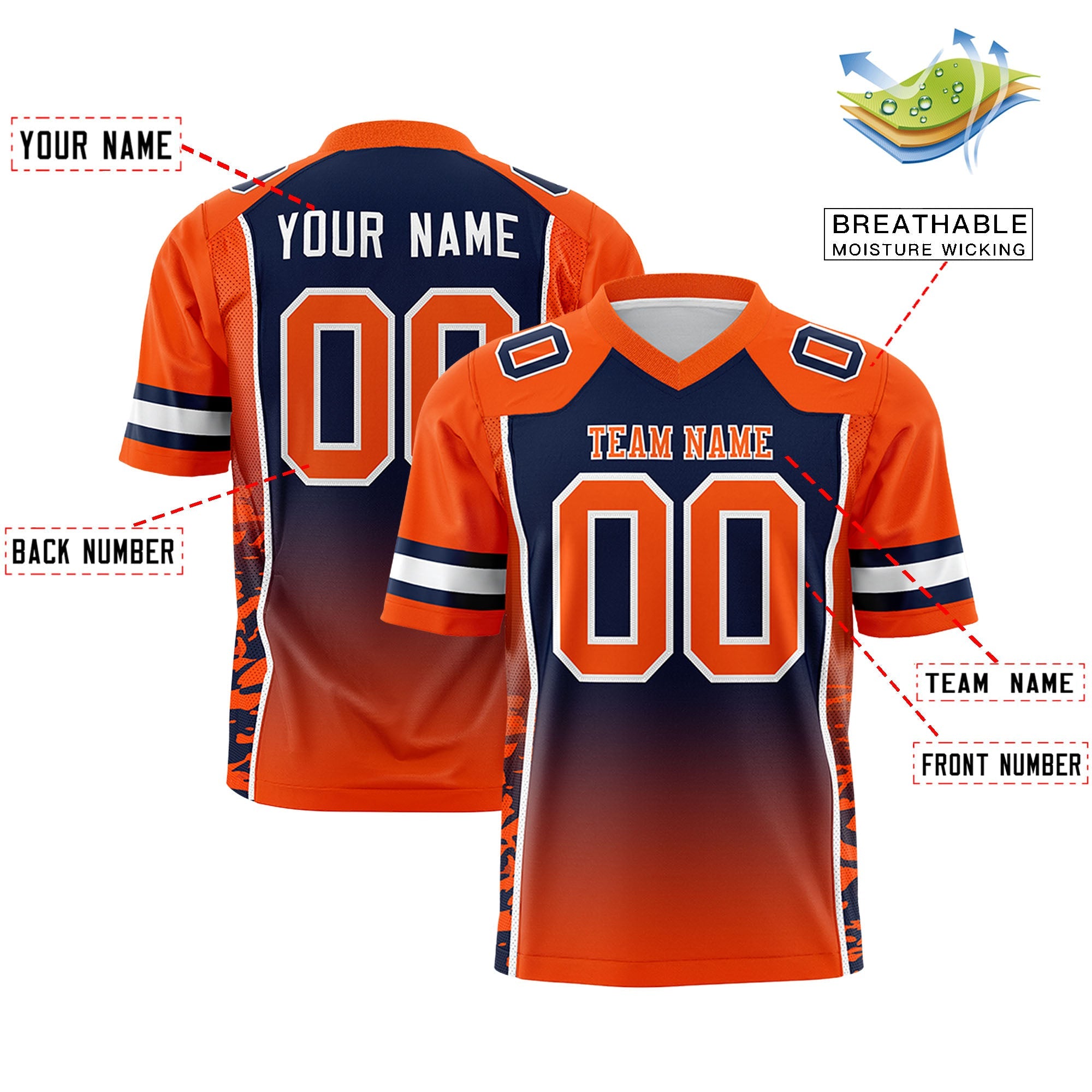 Custom Navy Orange Gradient Personalized Side Pattern Authentic Football Jersey