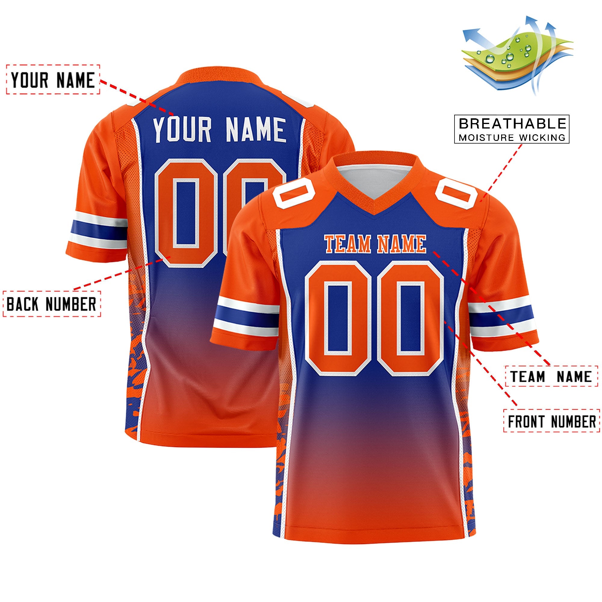 Custom Royal Orange Gradient Personalized Side Pattern Authentic Football Jersey