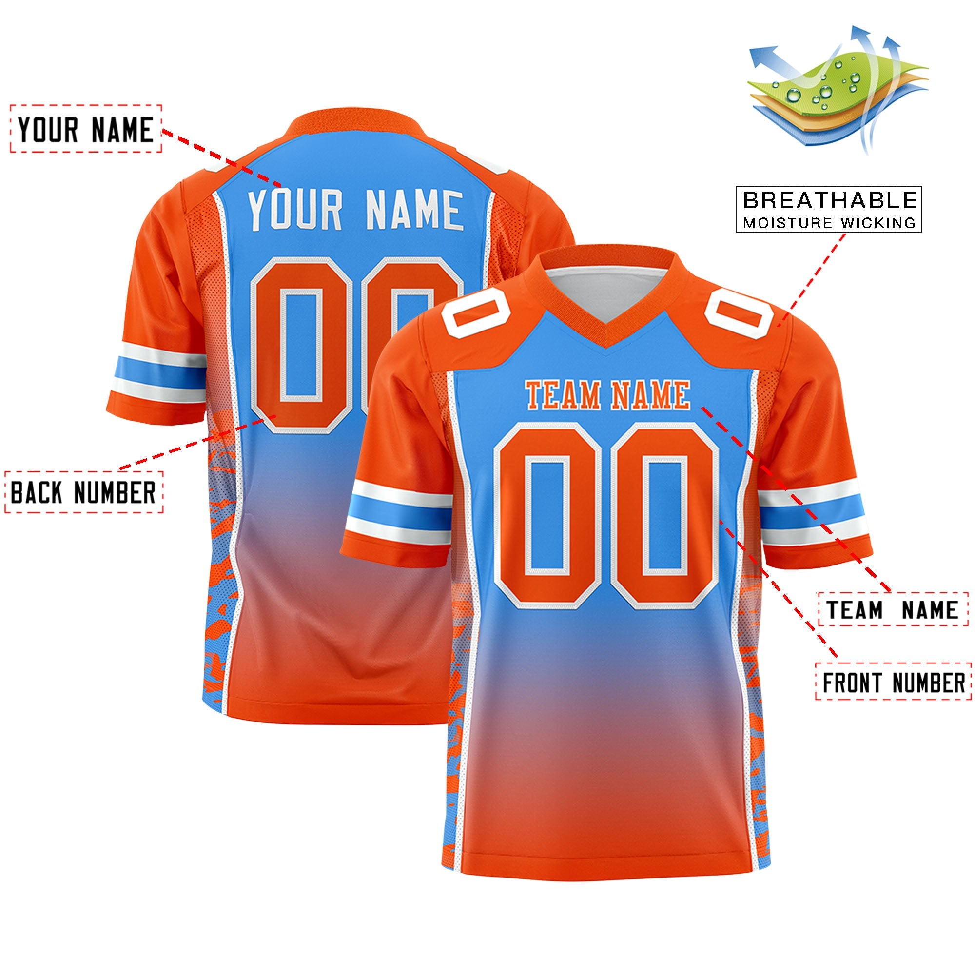 Custom Powder Blue Orange Gradient Personalized Side Pattern Authentic Football Jersey