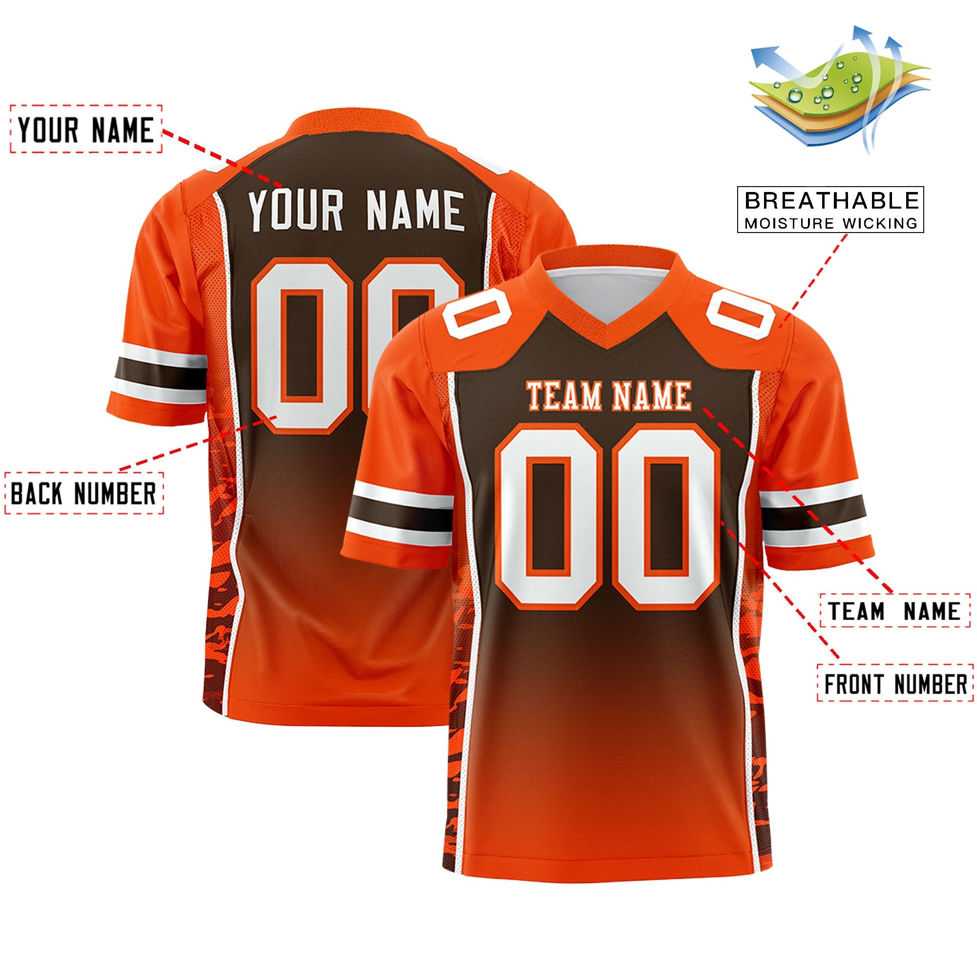 Custom Brown Orange Gradient Personalized Side Pattern Authentic Football Jersey