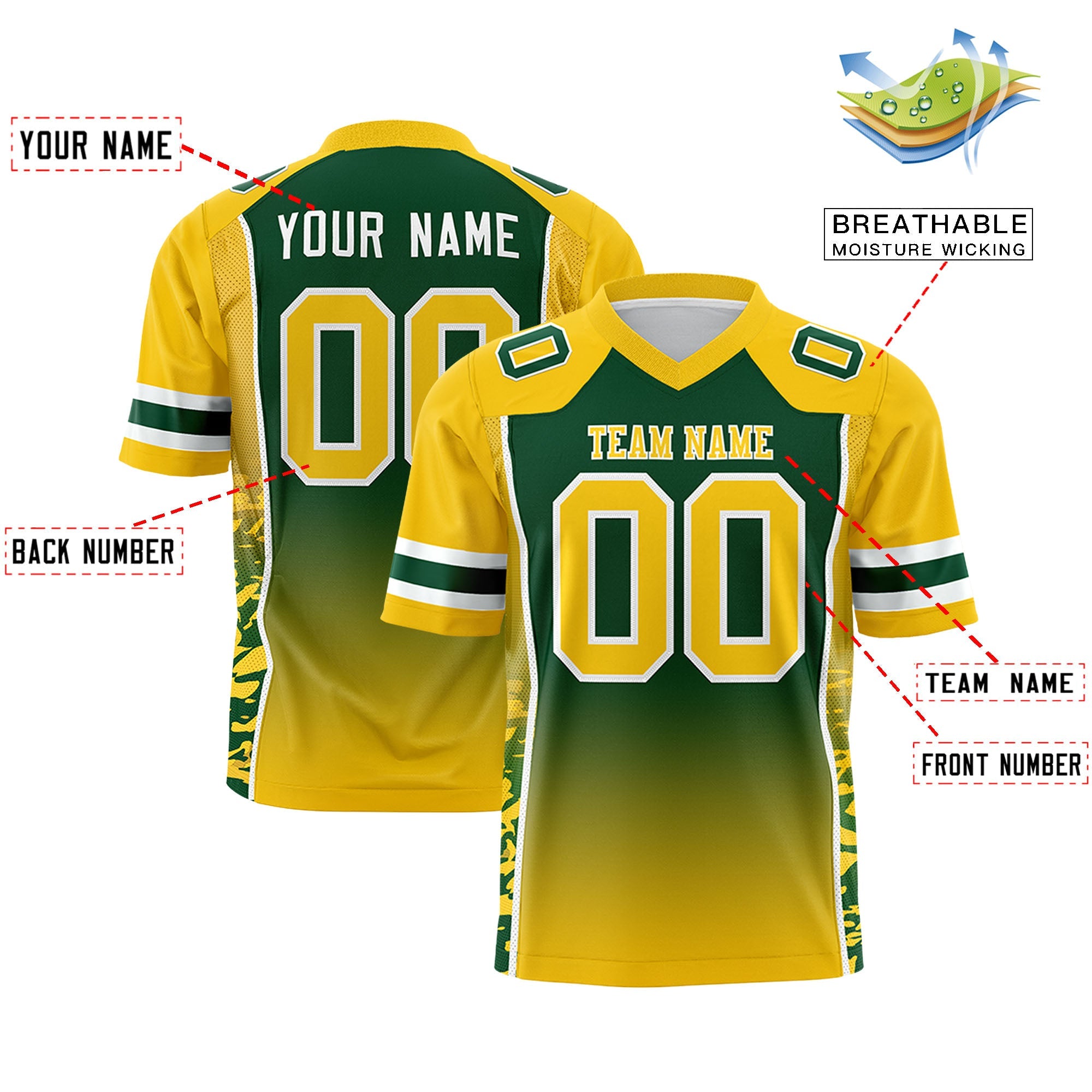 Custom Green Gold Gradient Personalized Side Pattern Authentic Football Jersey