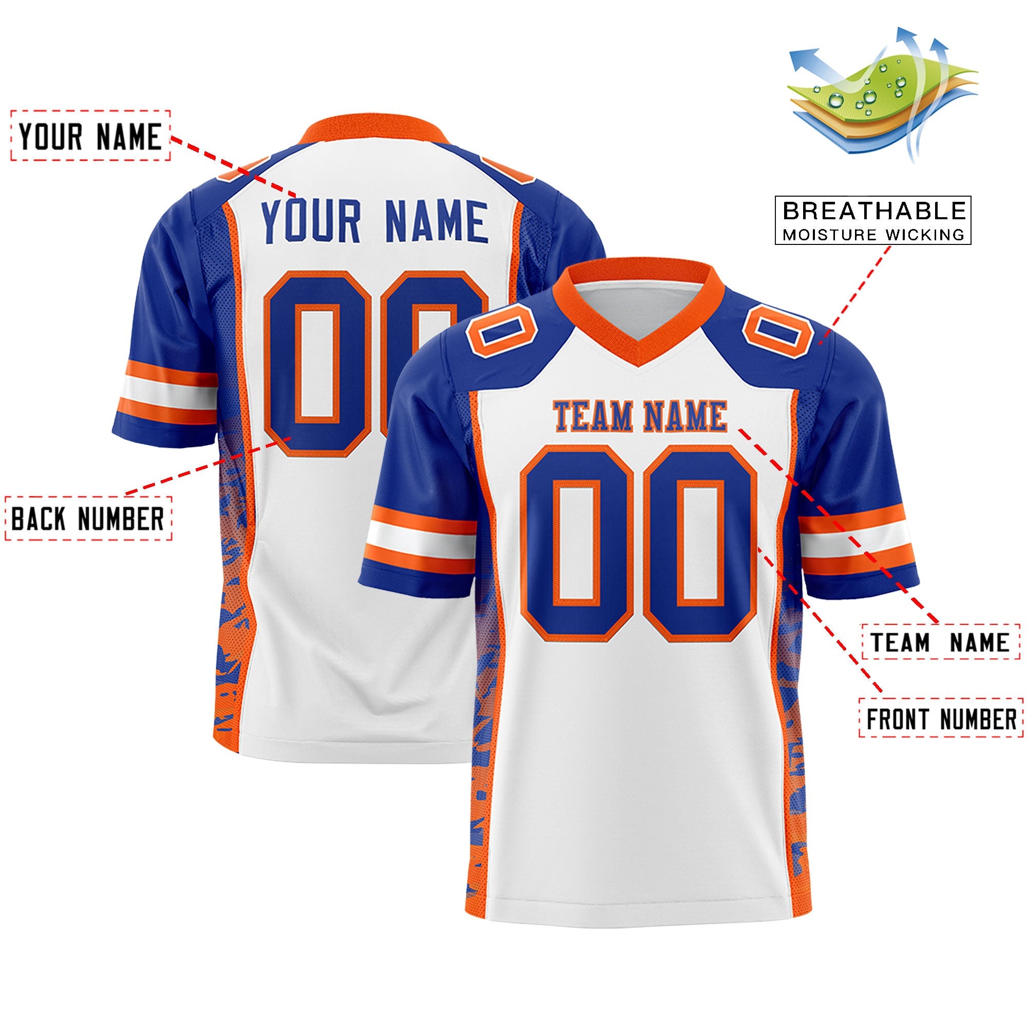 Custom White Royal-Orange Raglan Sleeves Personalized Side Pattern Authentic Football Jersey