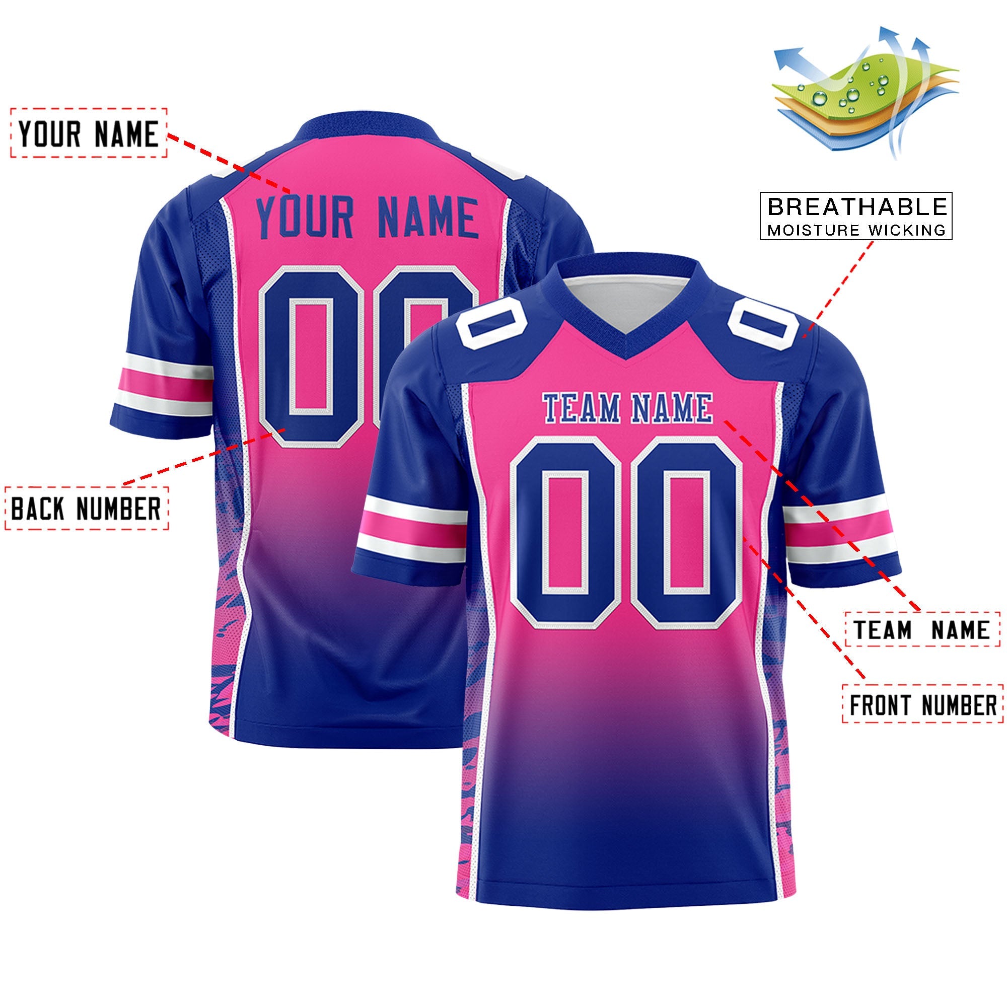 Custom Pink Royal Gradient Personalized Side Pattern Authentic Football Jersey