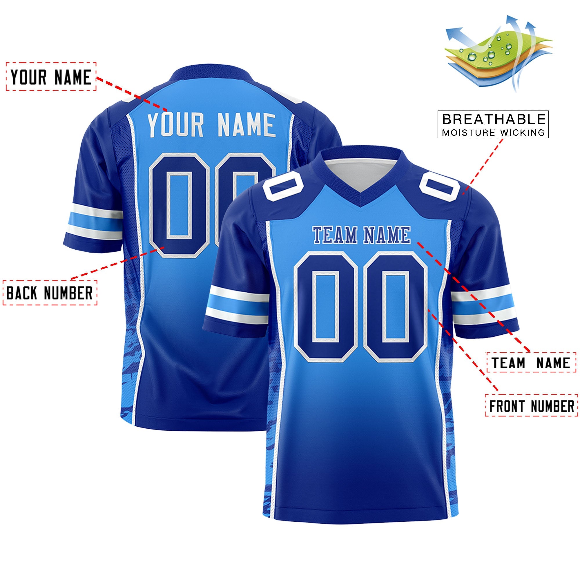 Custom Powder Blue Royal Gradient Personalized Side Pattern Authentic Football Jersey