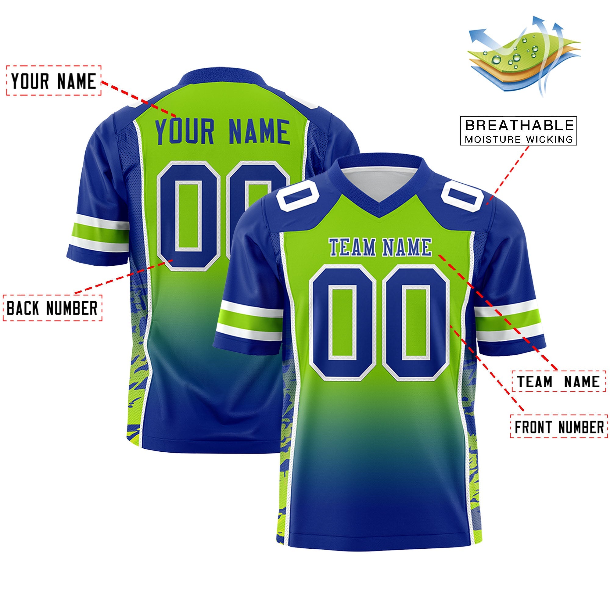 Custom Neon Green Royal Gradient Personalized Side Pattern Authentic Football Jersey