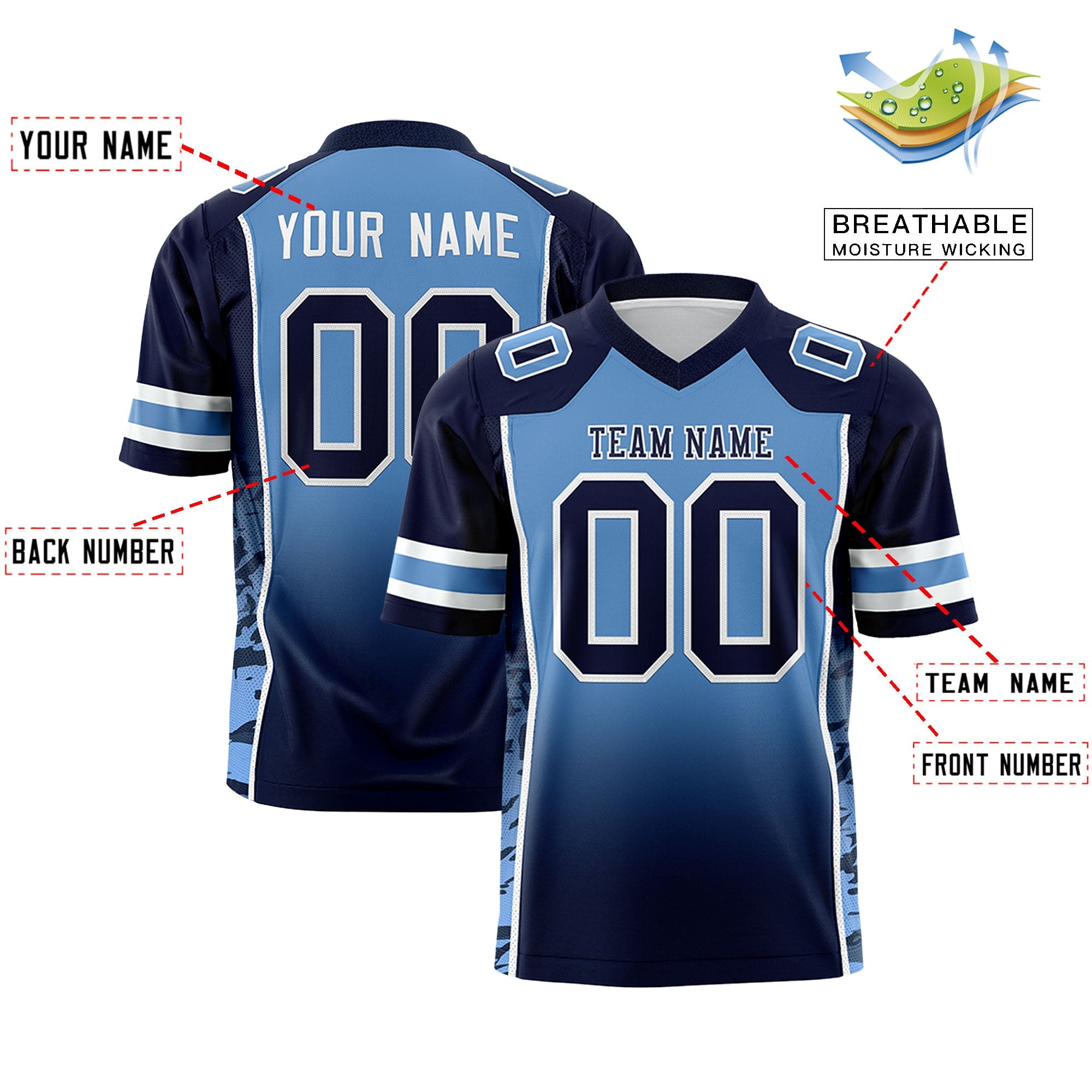 Custom Light Blue Navy Gradient Personalized Side Pattern Authentic Football Jersey