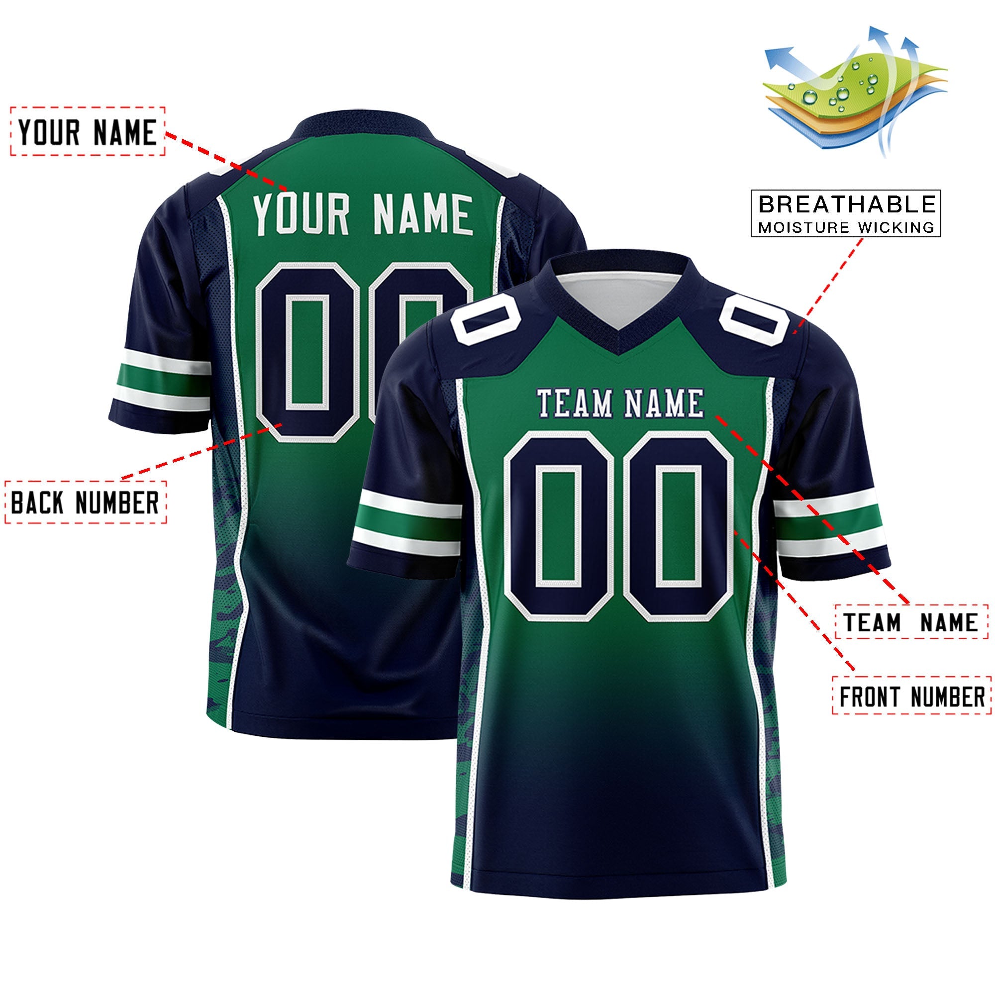 Custom Kelly Green Navy Gradient Personalized Side Pattern Authentic Football Jersey