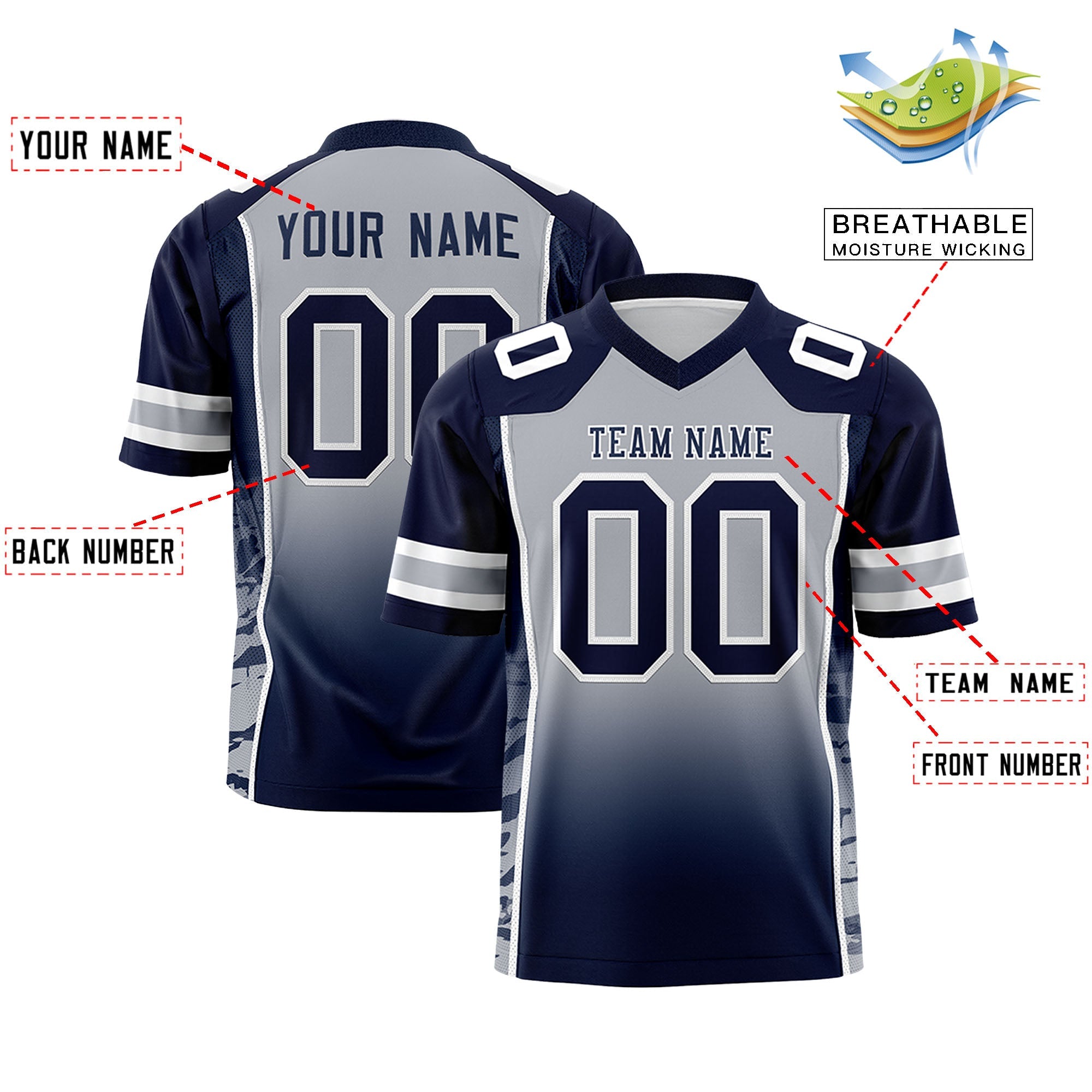 Custom Gray Navy Gradient Personalized Side Pattern Authentic Football Jersey