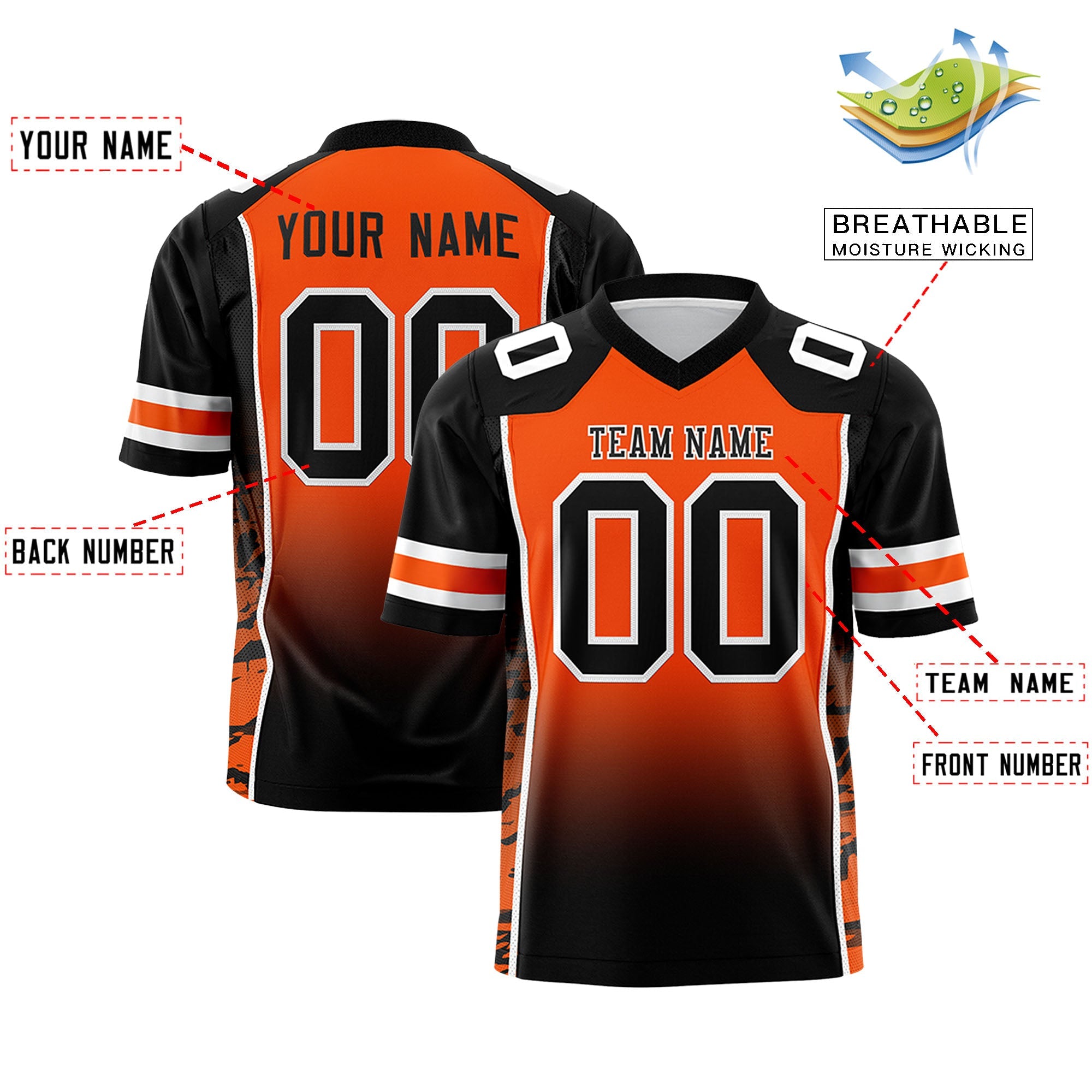 Custom Orange Black Gradient Personalized Side Pattern Authentic Football Jersey