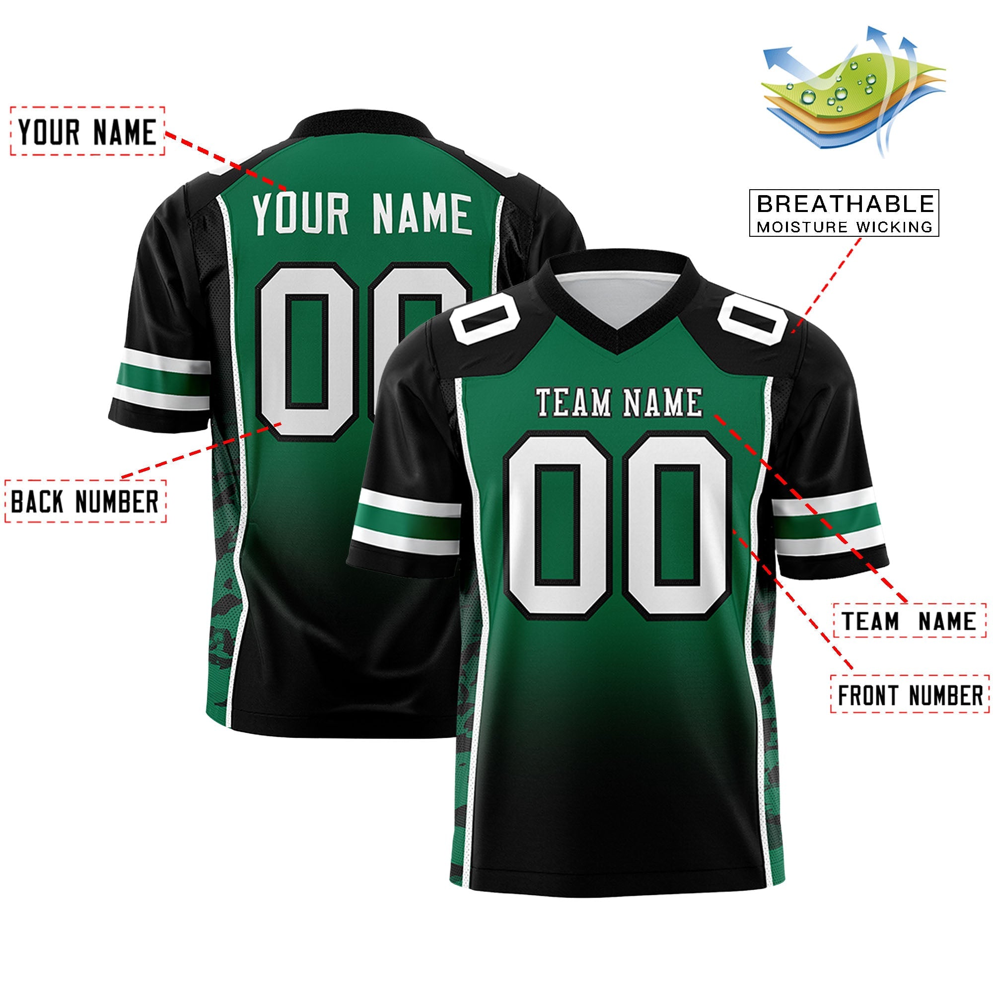 Custom Kelly Green Black Gradient Personalized Side Pattern Authentic Football Jersey