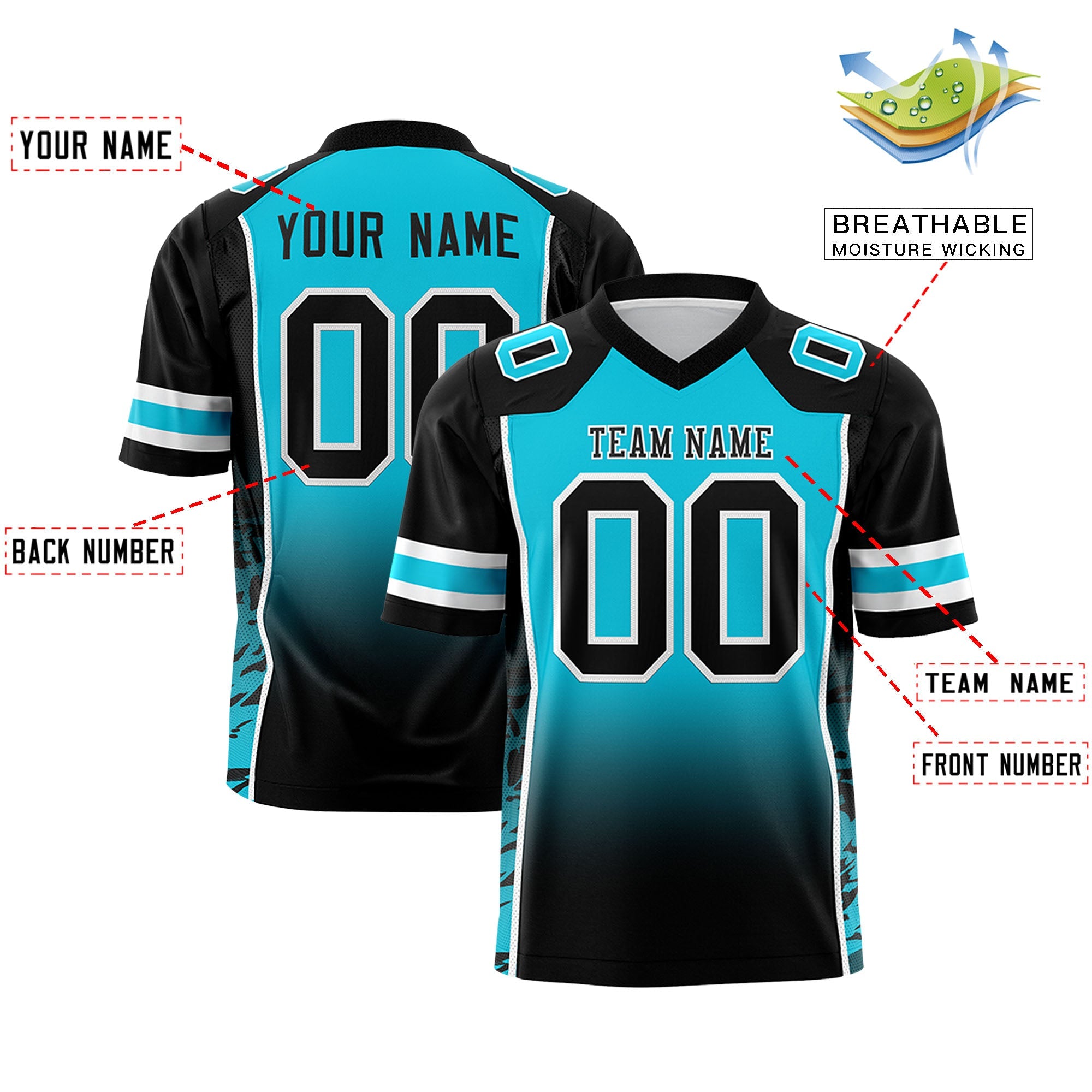 Custom Sky Blue Black Gradient Personalized Side Pattern Authentic Football Jersey