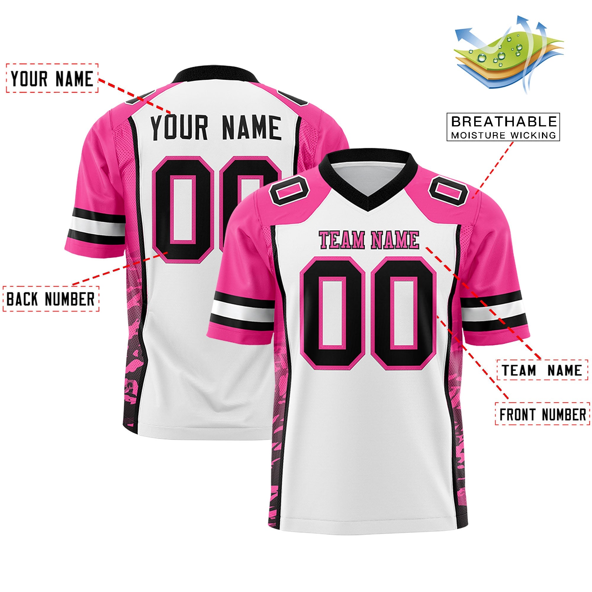 Custom White Pink-Black Raglan Sleeves Personalized Side Pattern Authentic Football Jersey