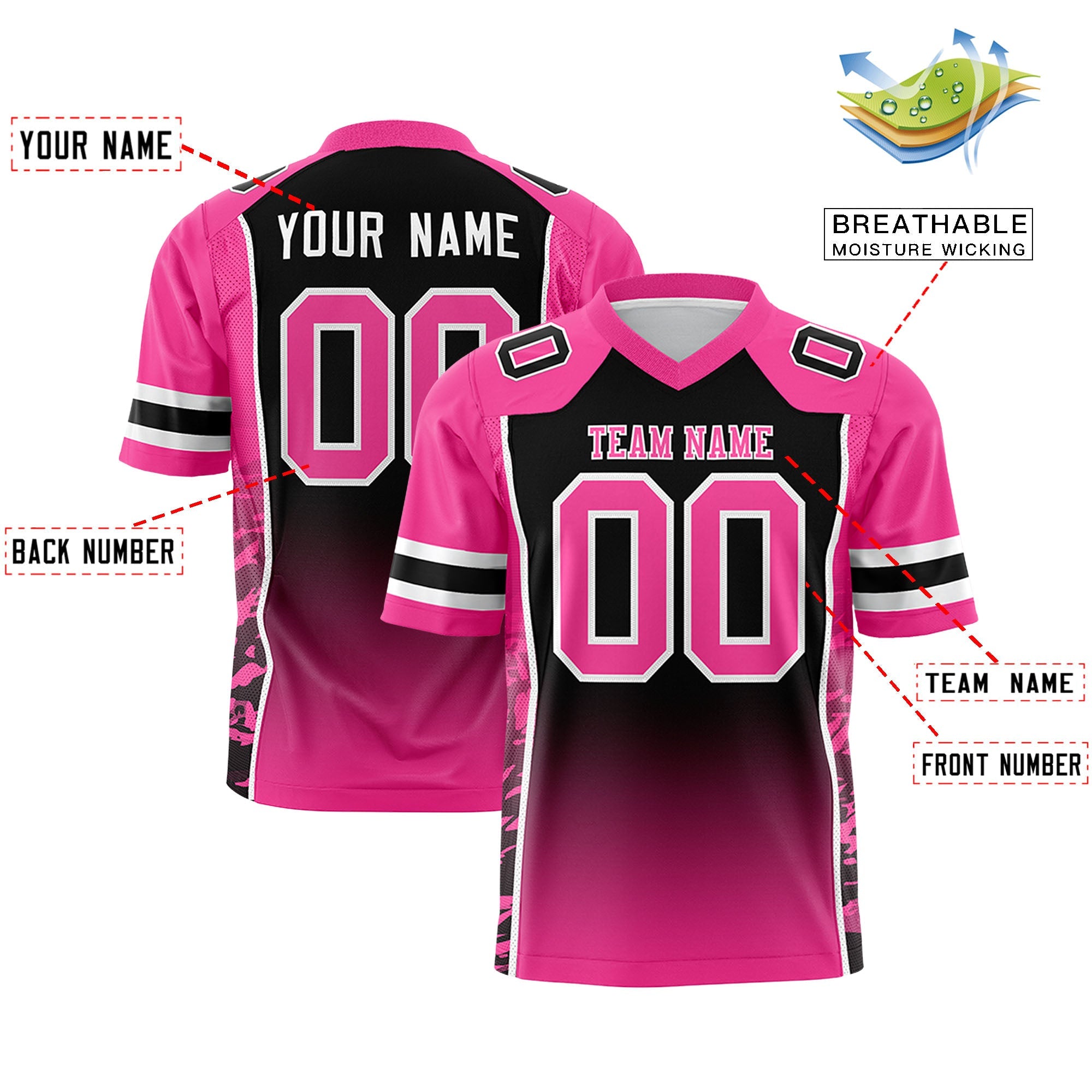 Custom Black Pink Gradient Personalized Side Pattern Authentic Football Jersey