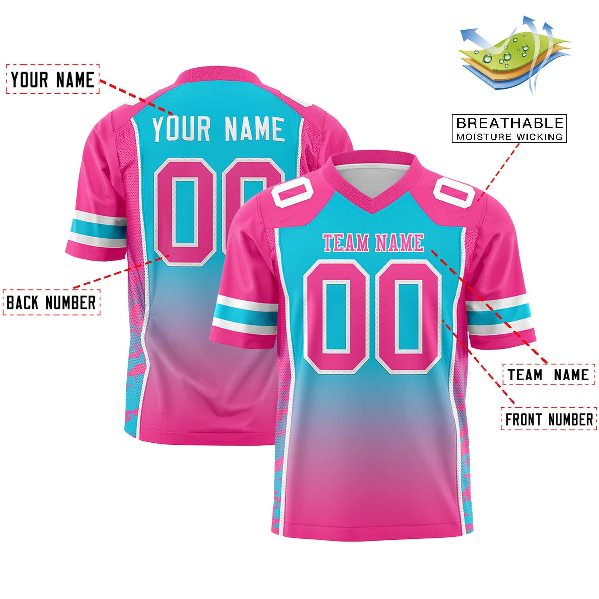 Custom Sky Blue Pink Gradient Personalized Side Pattern Authentic Football Jersey