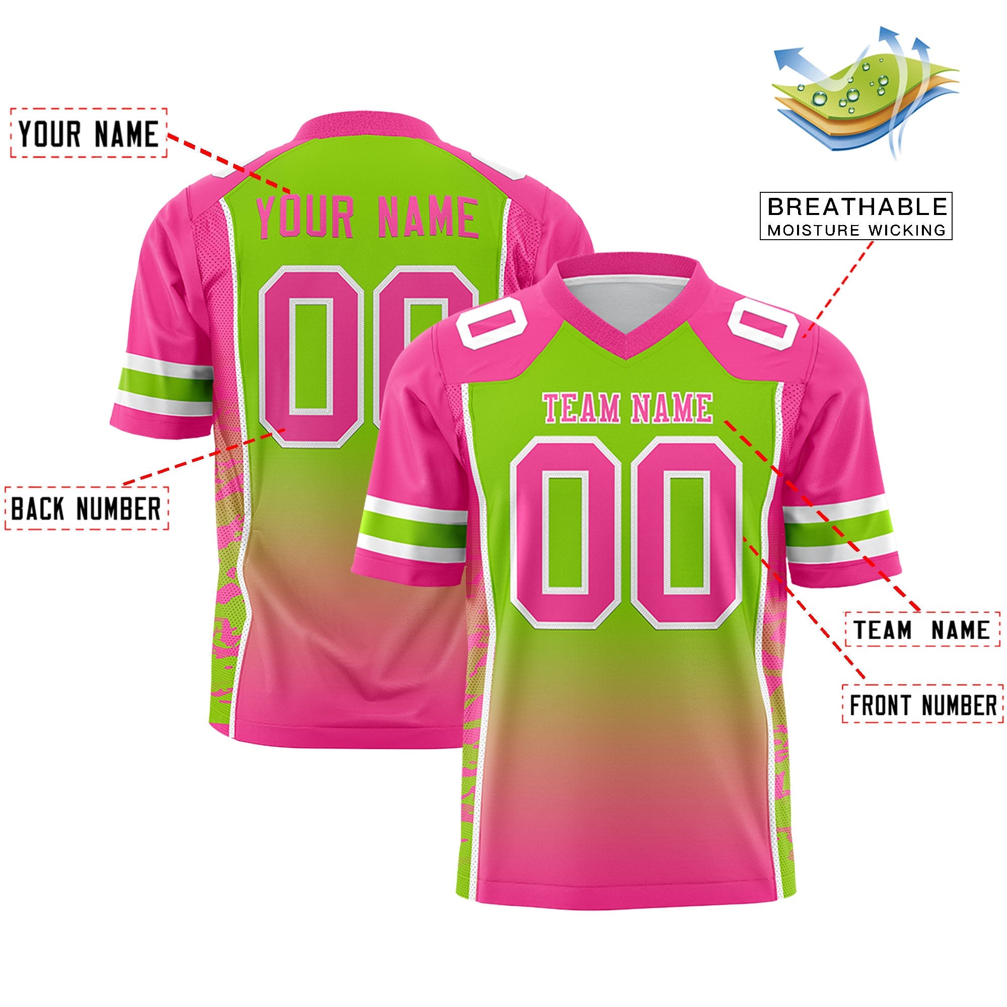 Custom Neon Green Pink Gradient Personalized Side Pattern Authentic Football Jersey