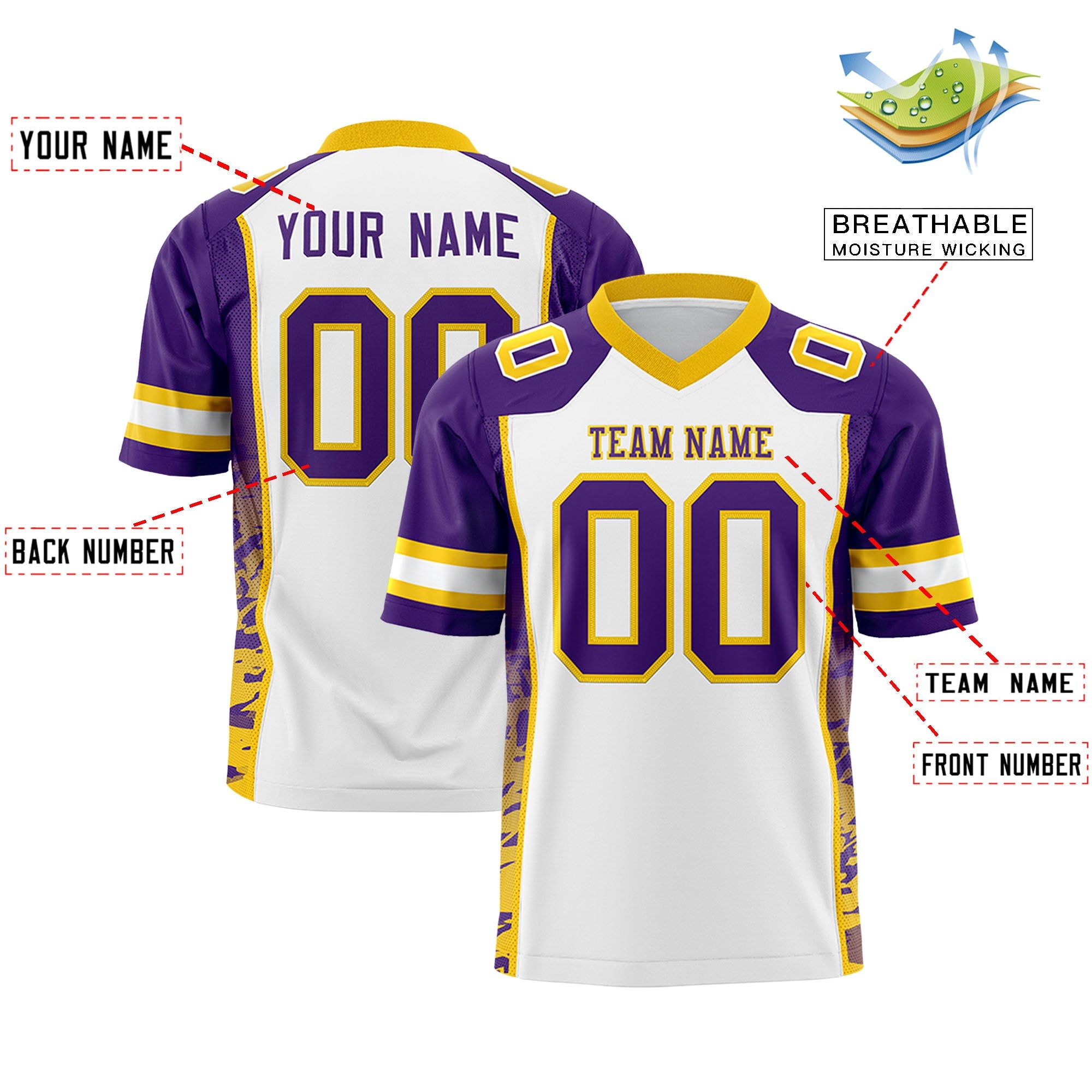 Custom White Purple-Gold Raglan Sleeves Personalized Side Pattern Authentic Football Jersey