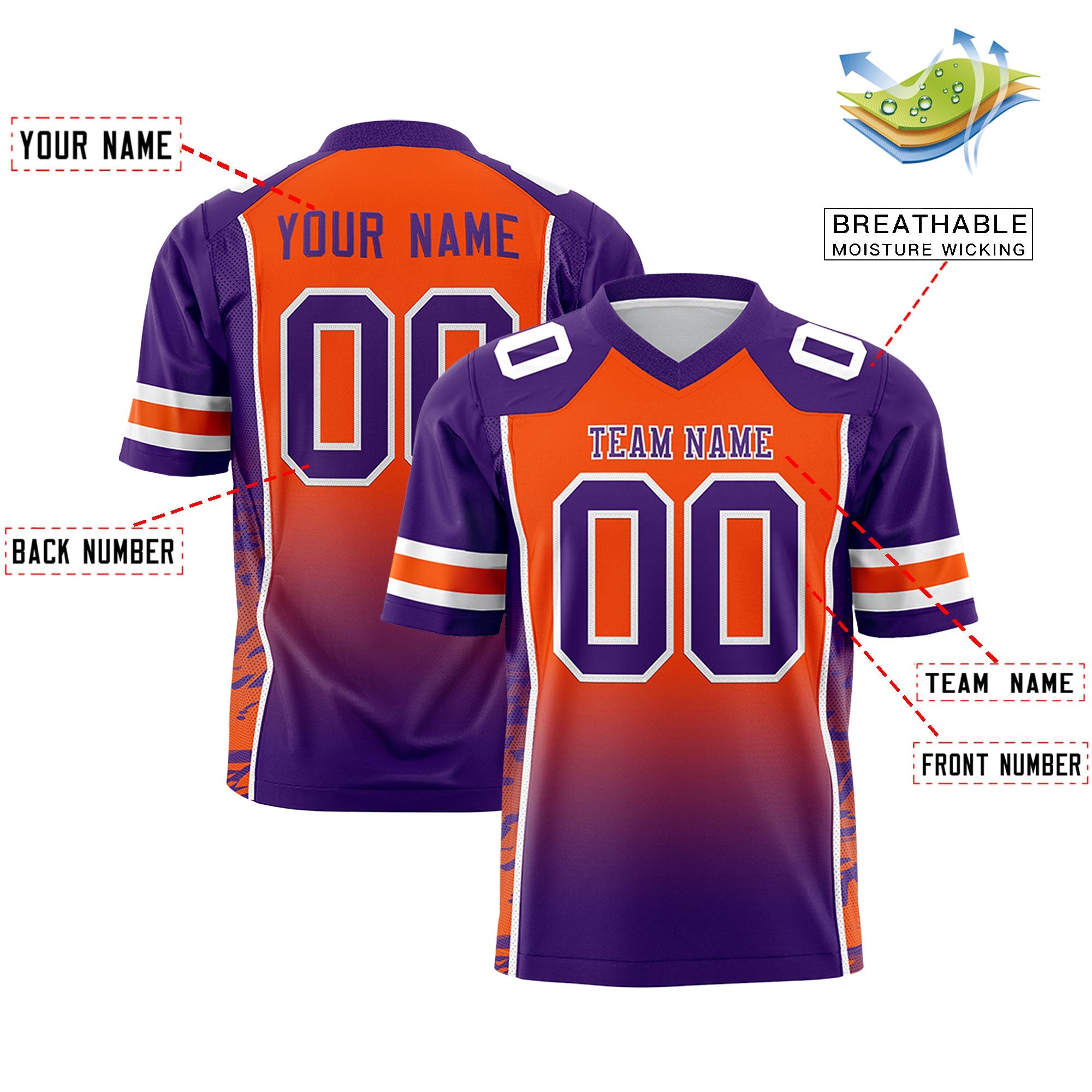 Custom Orange Purple Gradient Personalized Side Pattern Authentic Football Jersey