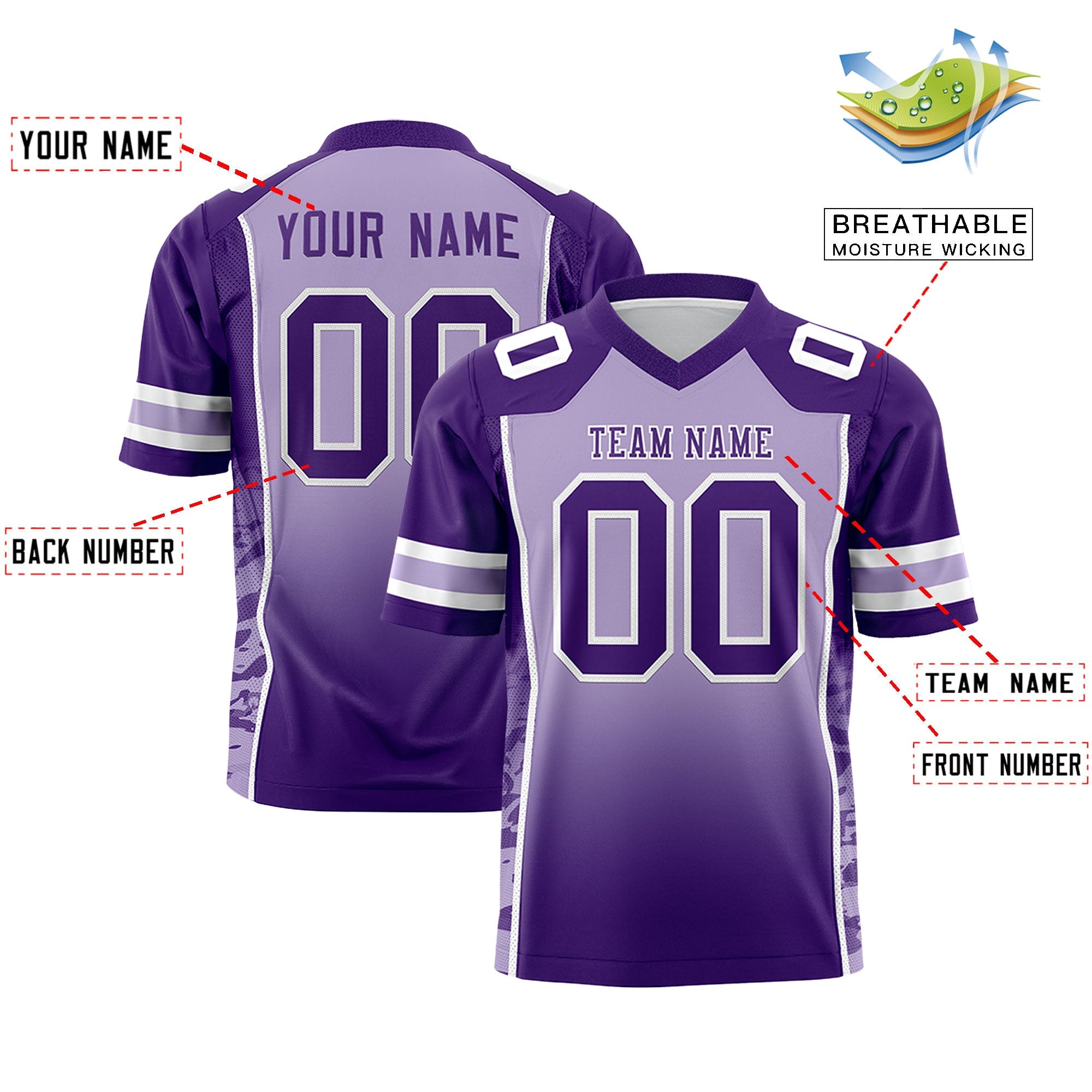 Custom Light Purple Purple Gradient Personalized Side Pattern Authentic Football Jersey