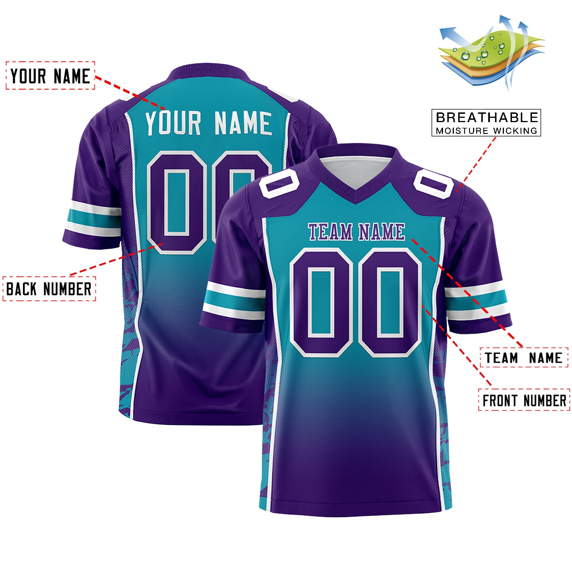 Custom Sky Blue Purple Gradient Personalized Side Pattern Authentic Football Jersey