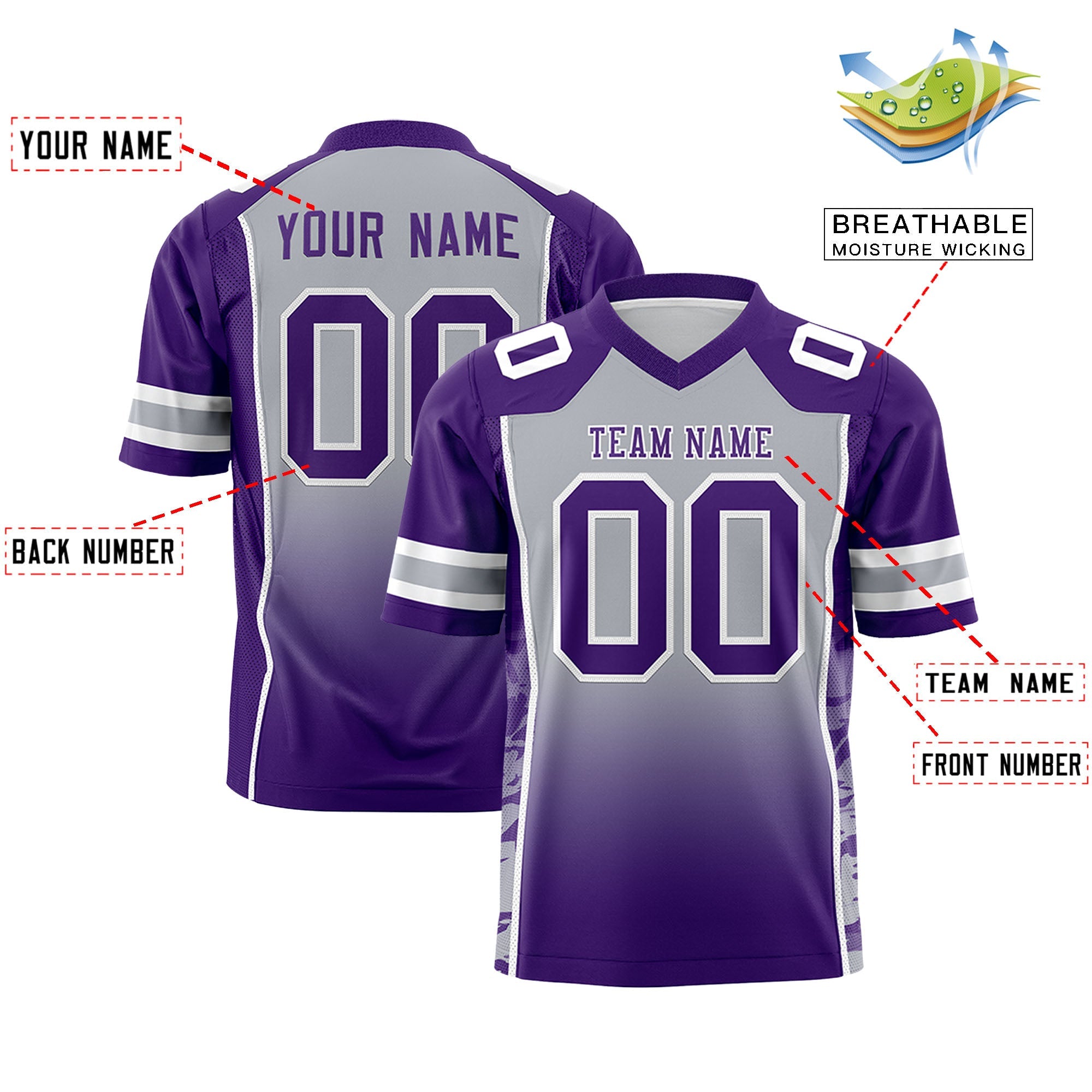 Custom Gray Purple Gradient Personalized Side Pattern Authentic Football Jersey